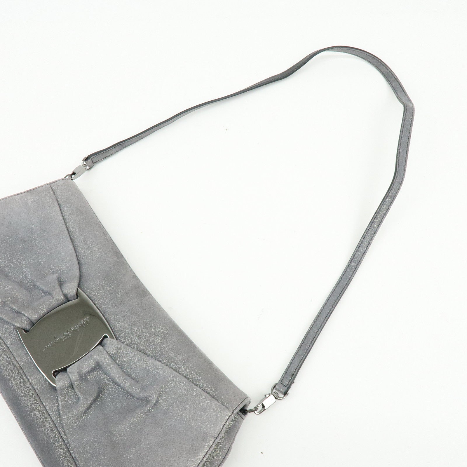 Ferragamo Vara Ribbon Leather Shoulder Bag Clutch Bag Metallic Gray