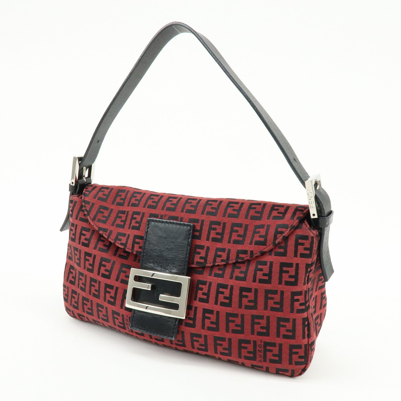 FENDI Mamma Baguette Zucchino Canvas Leather Shoulder Bag Red 8BR003