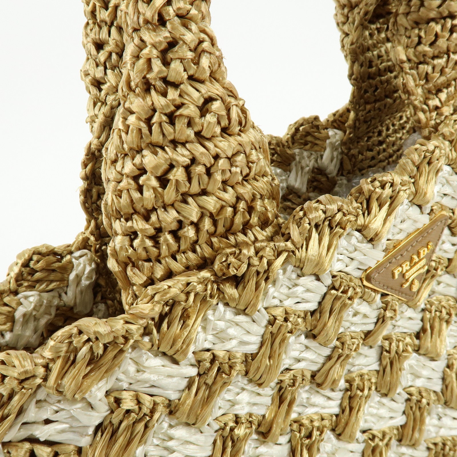 PRADA Traingle Logo Canapa Raffia Tote Bag Hand Bag Natural White