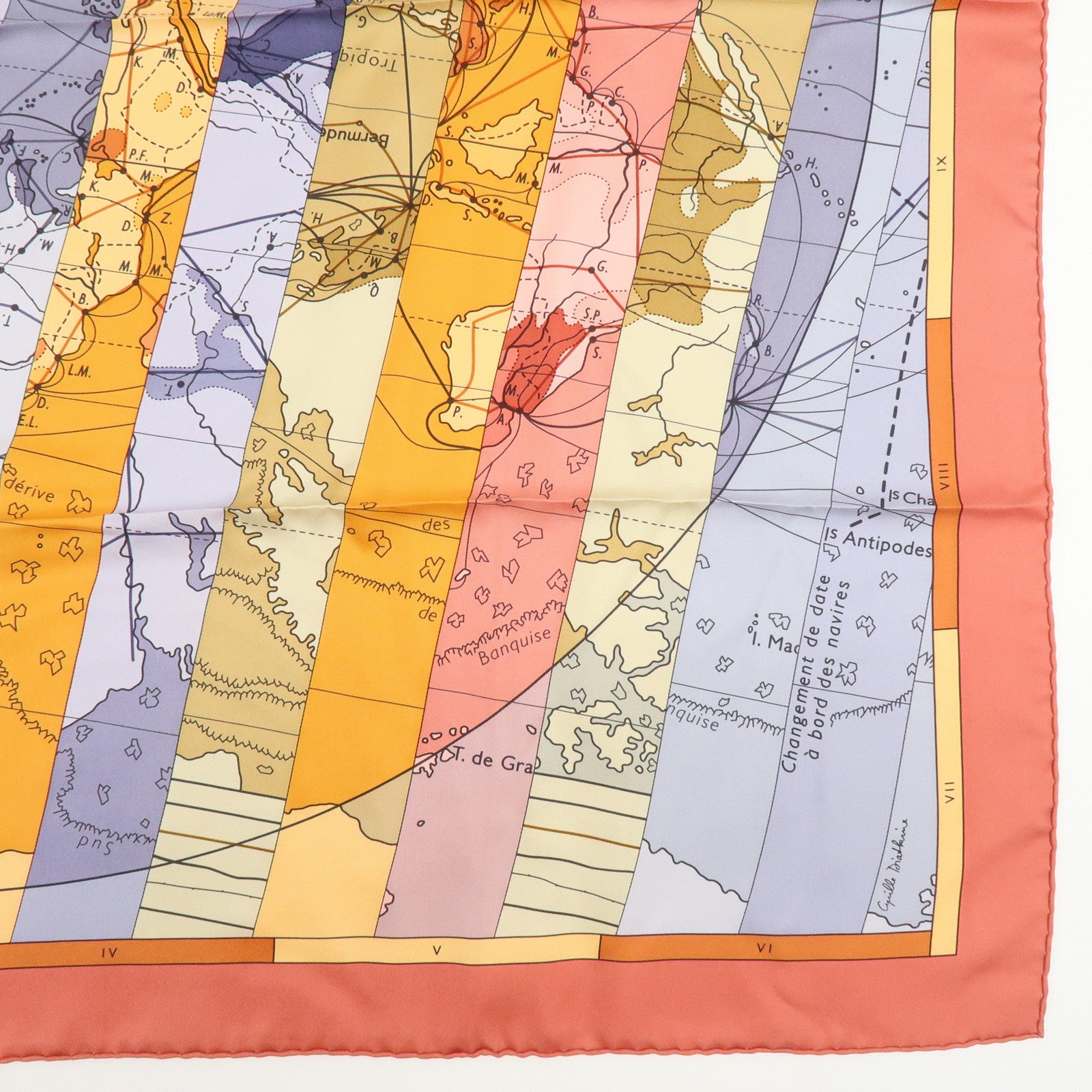 HERMES Carre 90 Silk 100% Scarf  LE MONDE EST VASTE Coral Orange