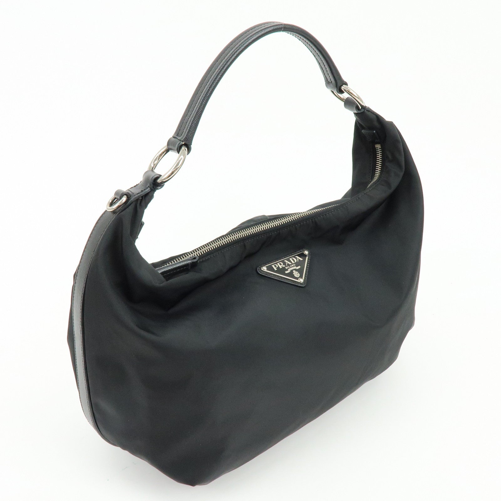 PRADA Triangle Logo Nylon Saffiano Leather Shoulder Bag Black BR3291