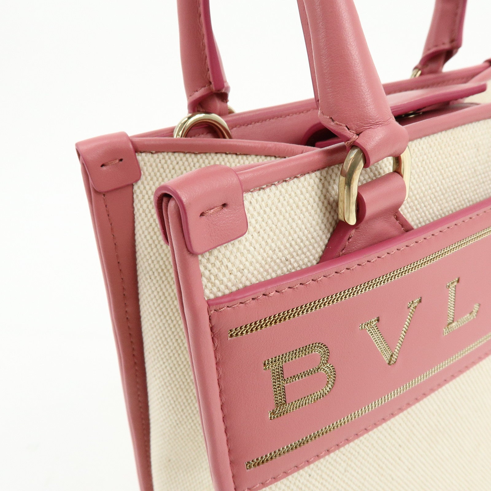BVLGARI Logo Canvas Leather 2Way Bag Hand Bag Shoulder Bag Pink