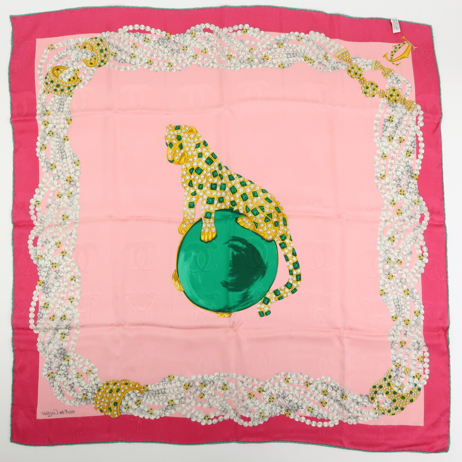 Cartier Silk 100% Scarf Jeweled Panther Motif Pink Green