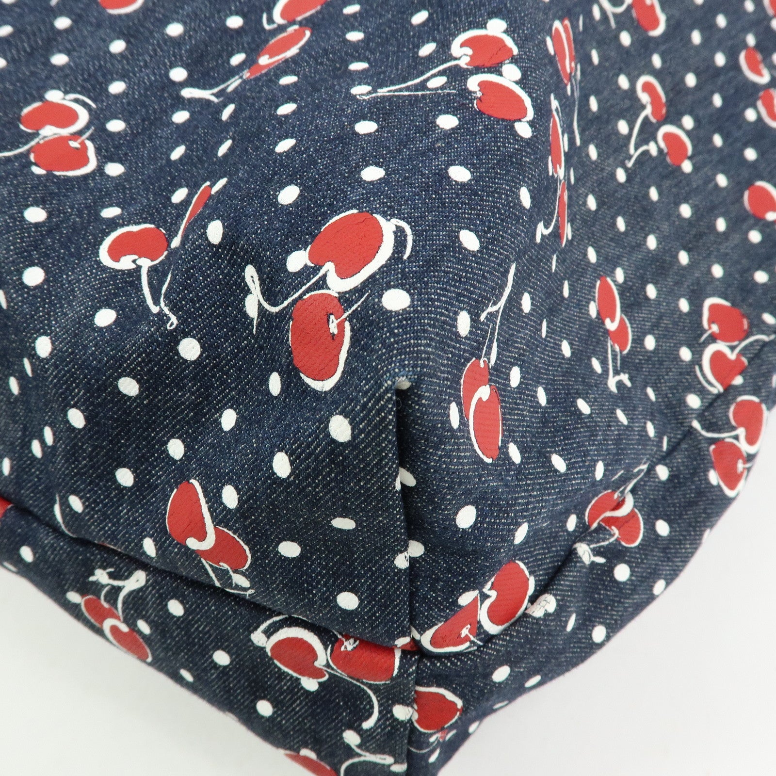 MIU MIU Denim 2Way Bag Tote Shoulder Bag Dots Cherry Print Blue 5BG108