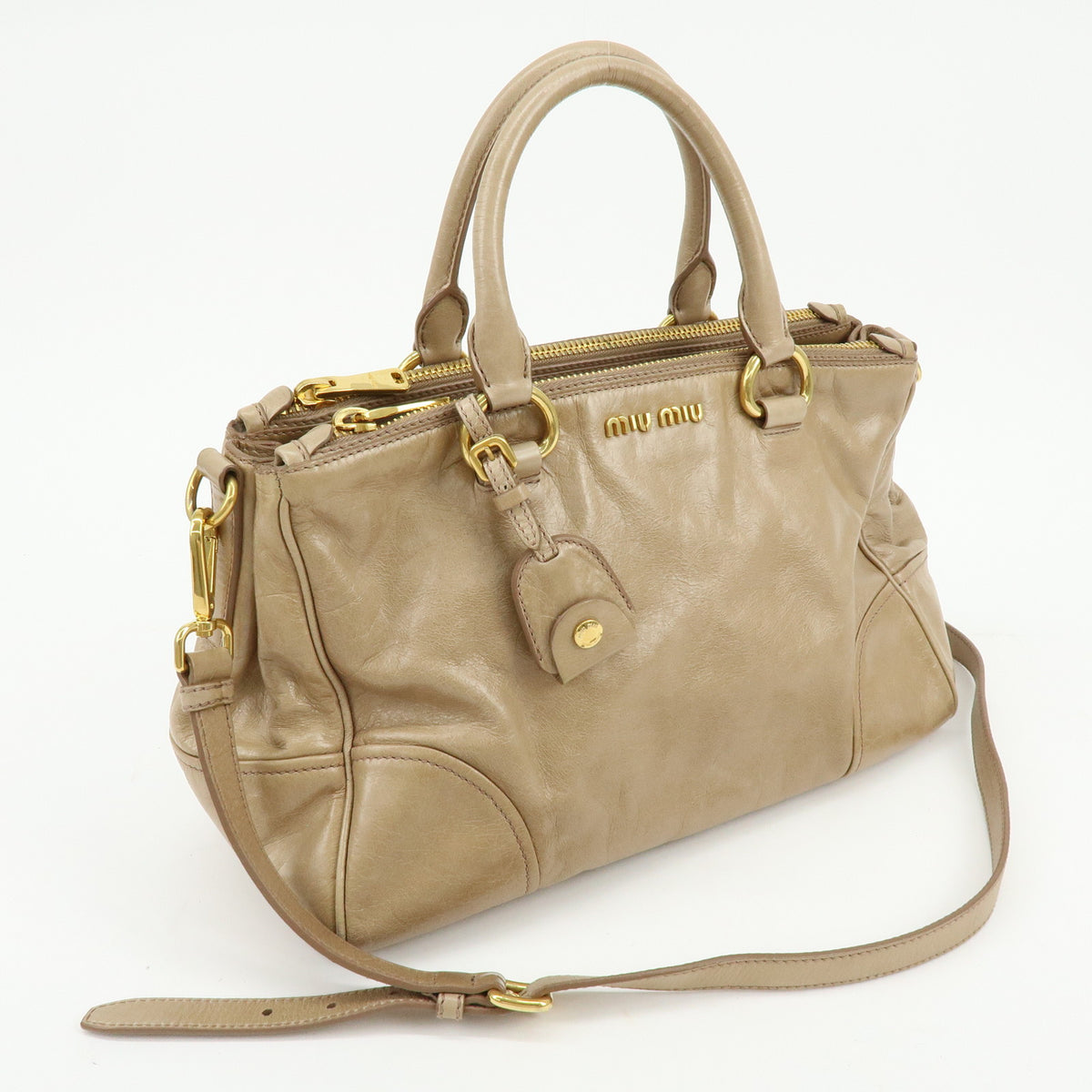 MIU MIU Leather 2Way Bag Hand Bag Shoulder Bag Key Ring Beige RN1127