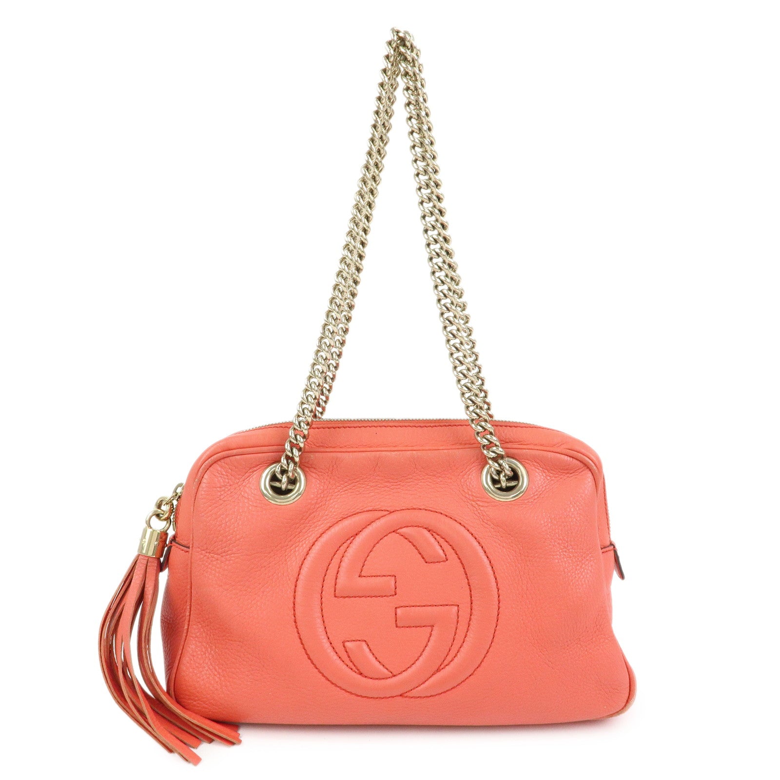 GUCCI SOHO Interlocking G Leather Chain Shoulder Bag Coral 308983