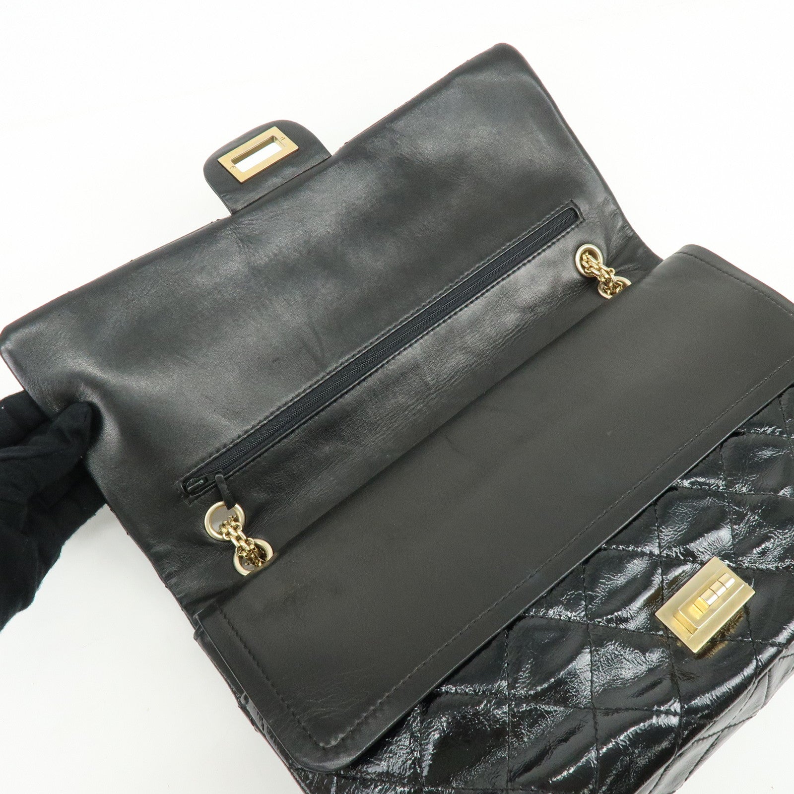 CHANEL 2.55 Patent Leather Chain Shoulder Bag Turn Lock Black