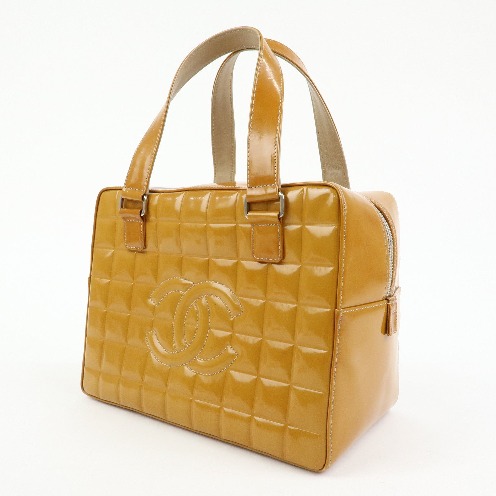 CHANEL Chocolate Bar COCO Mark Patent Leather Boston Bag Hand Bag Camel