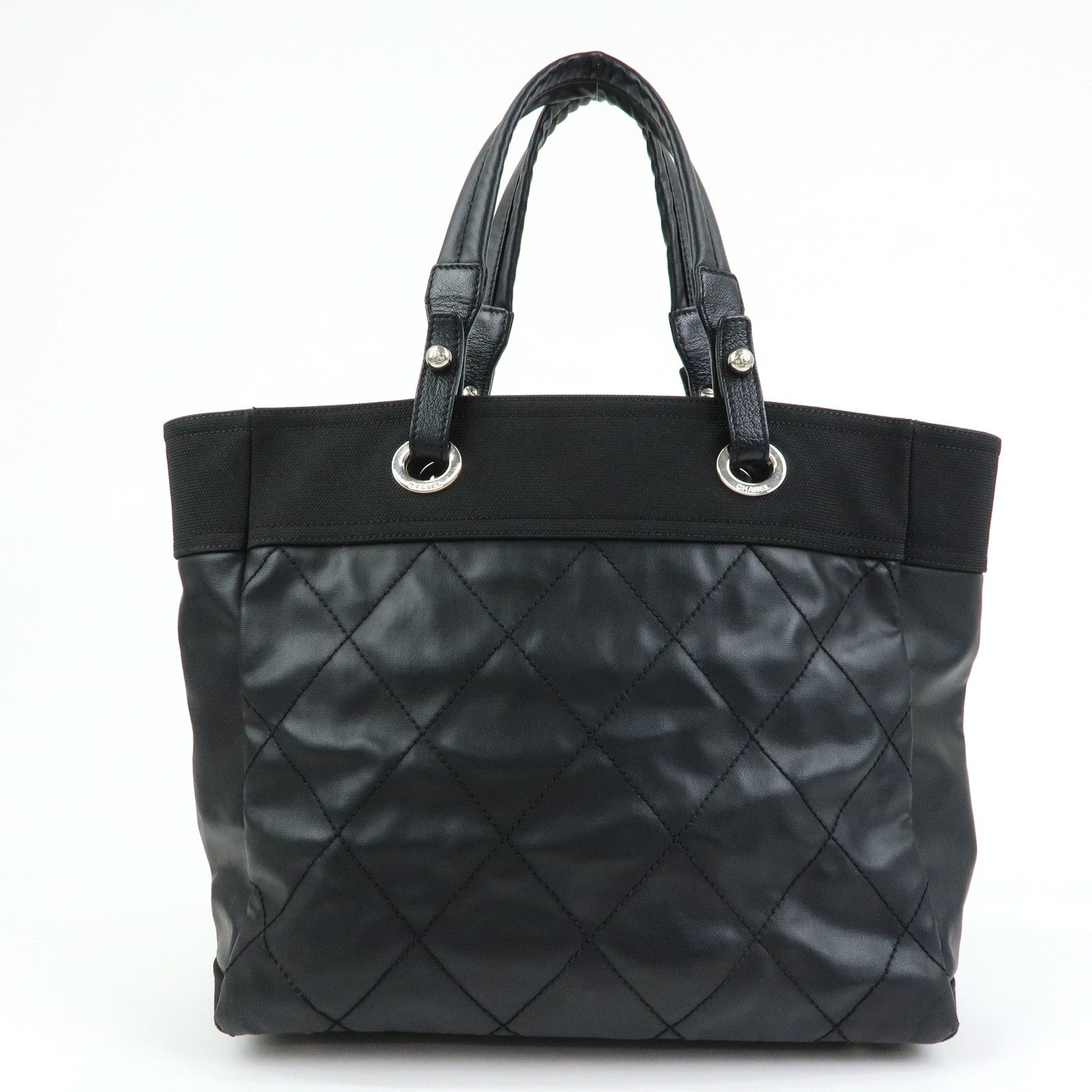 CHANEL Paris Biarritz MM Leather Canvas Tote Bag Hand Bag Black A34209