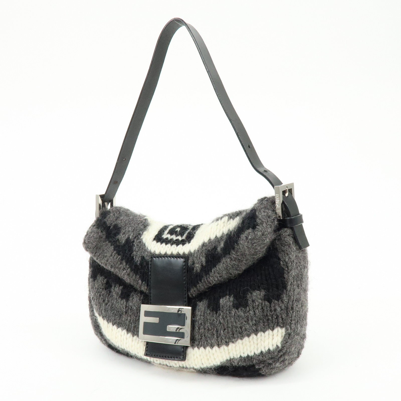 FENDI Mamma Baquette Wool Leather Shoulder Bag Black Grey White 16059