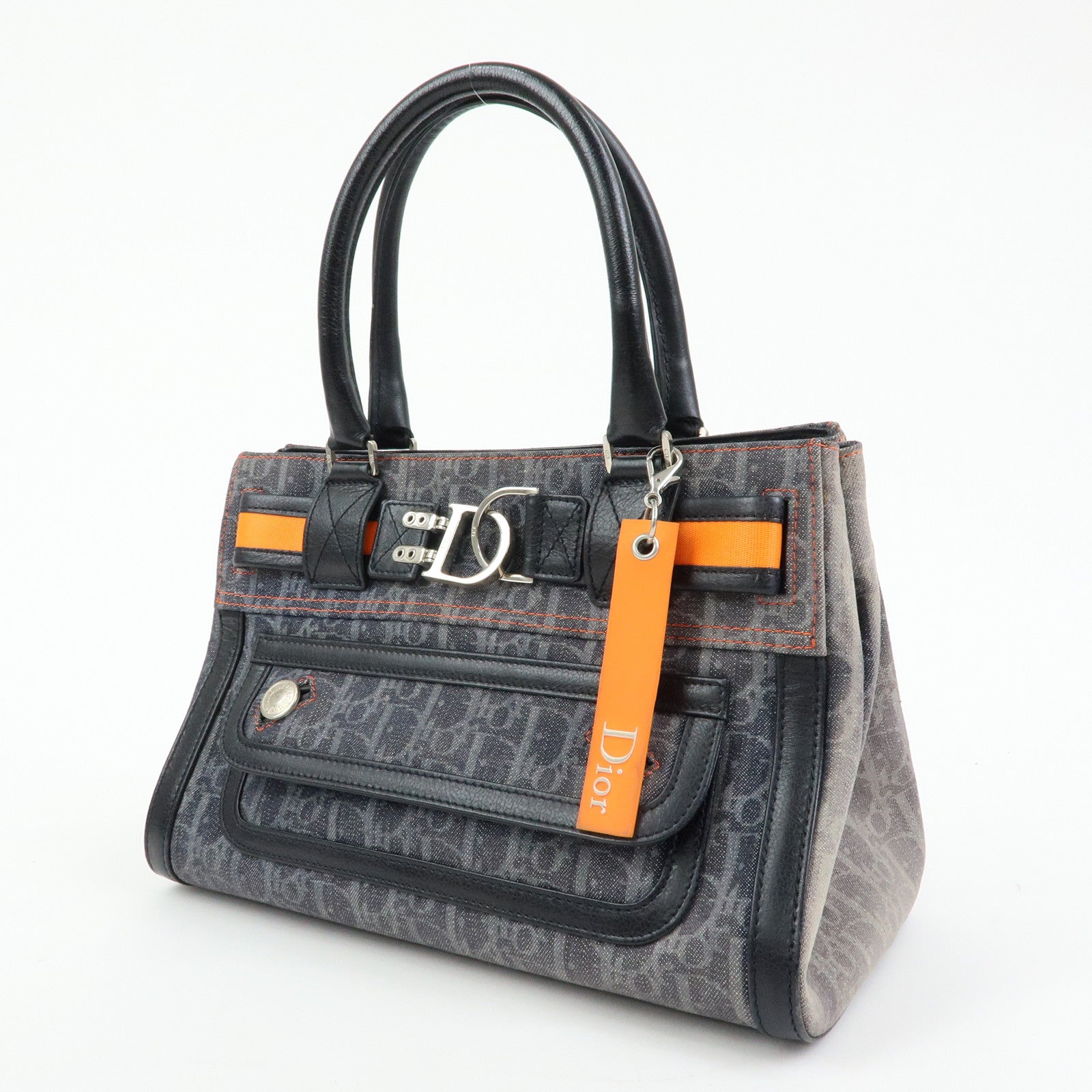 Christian Dior Trotter Flight Line Denim Leather Tote Bag Blue Navy