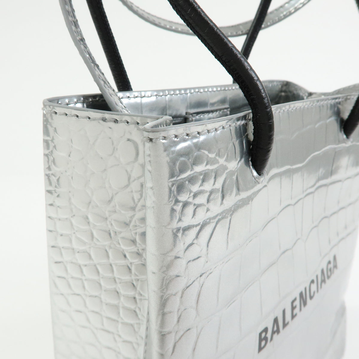 BALENCIAGA THE SHOPPING Leather 2Way Tote Hand Bag XXS Silver 597858