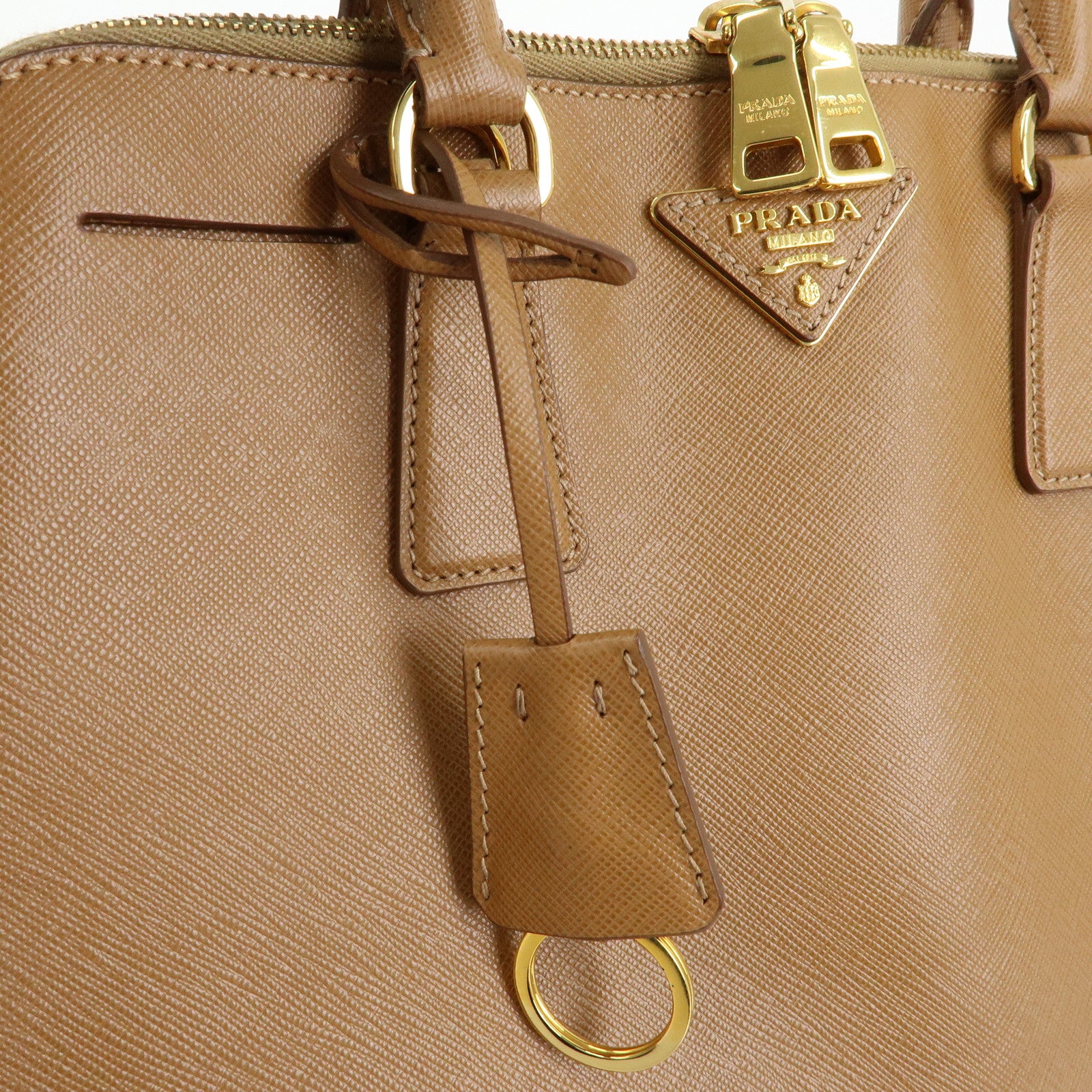 PRADA Triangle Logo Saffiano Leather Hand Bag Camel BL0837