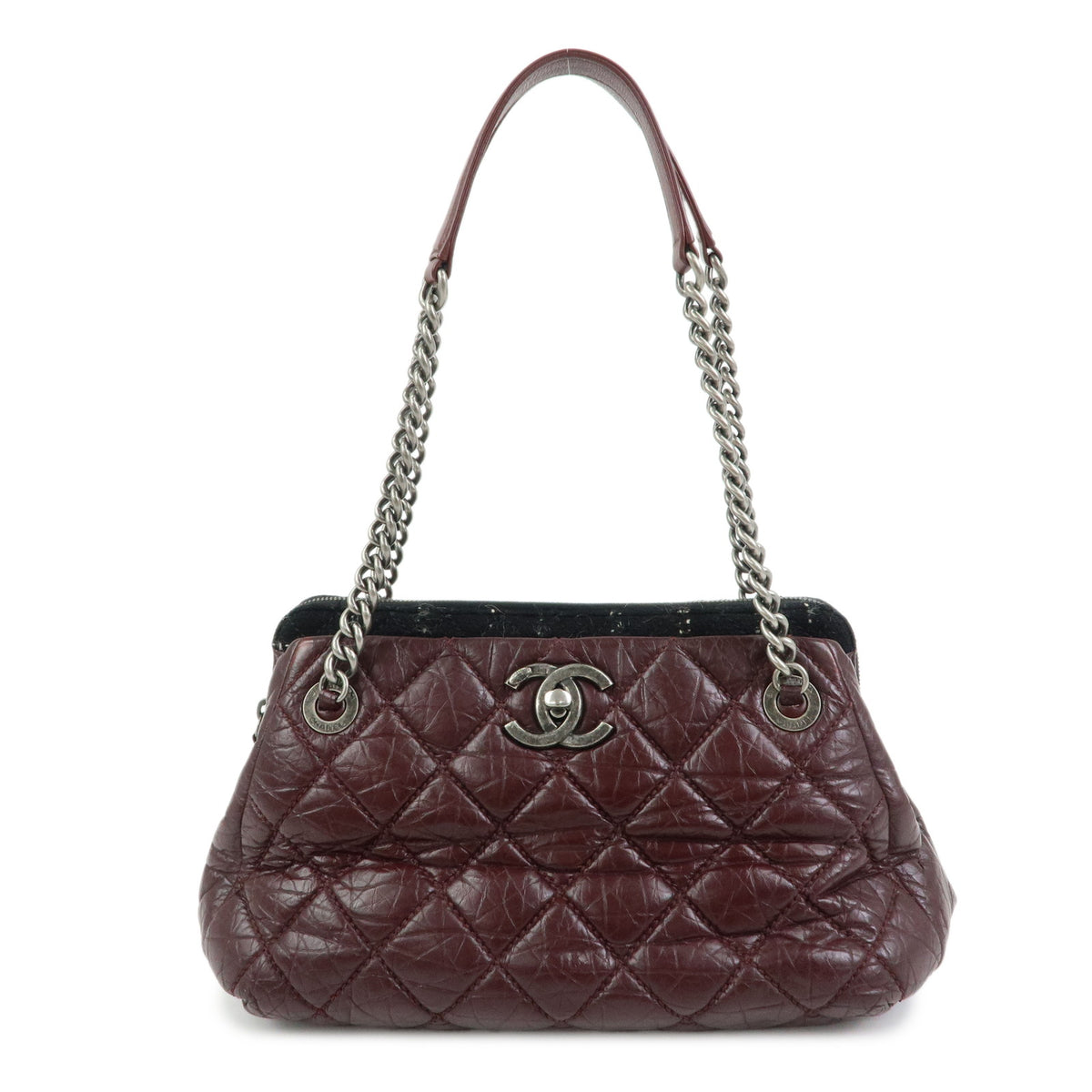 CHANEL Matelasse COCO Mark Leather Chain Shoulder Bag Bordeaux Silver