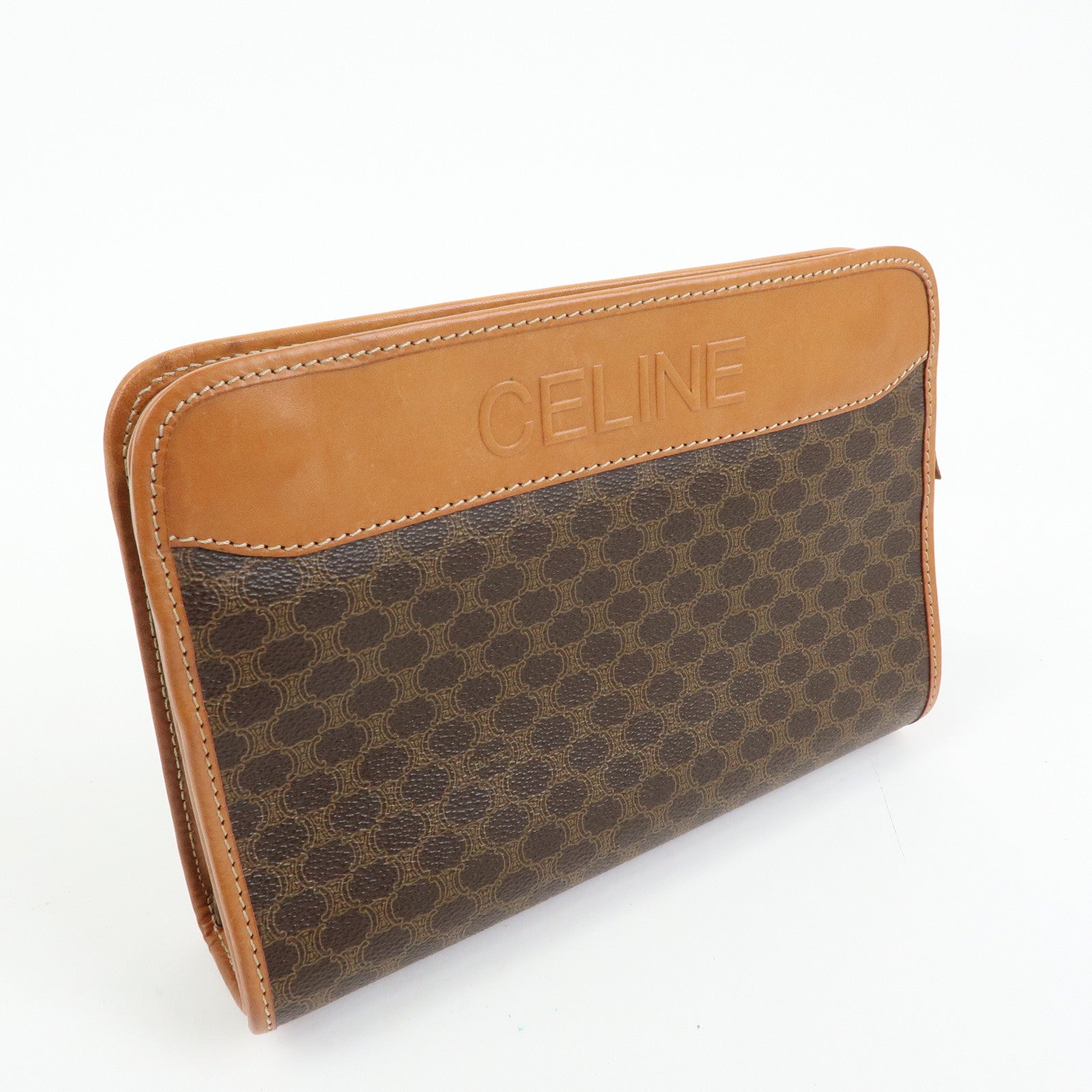 CELINE Macadam Leather Clutch Bag Accessory Pouch Brown