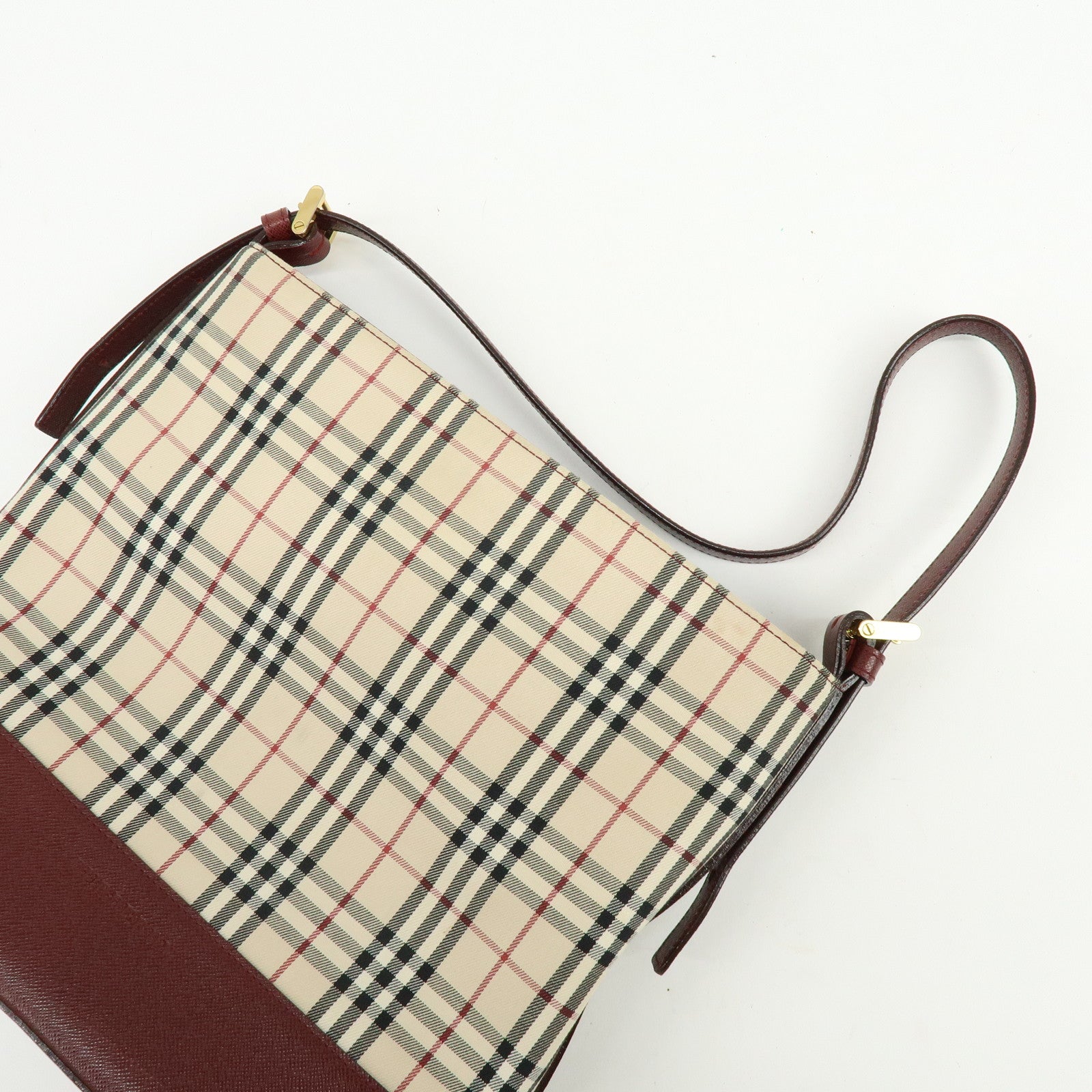 BURBERRY Nova Plaid Canvas Leather Shoulder Bag Hand Bag Beige Bordeaux