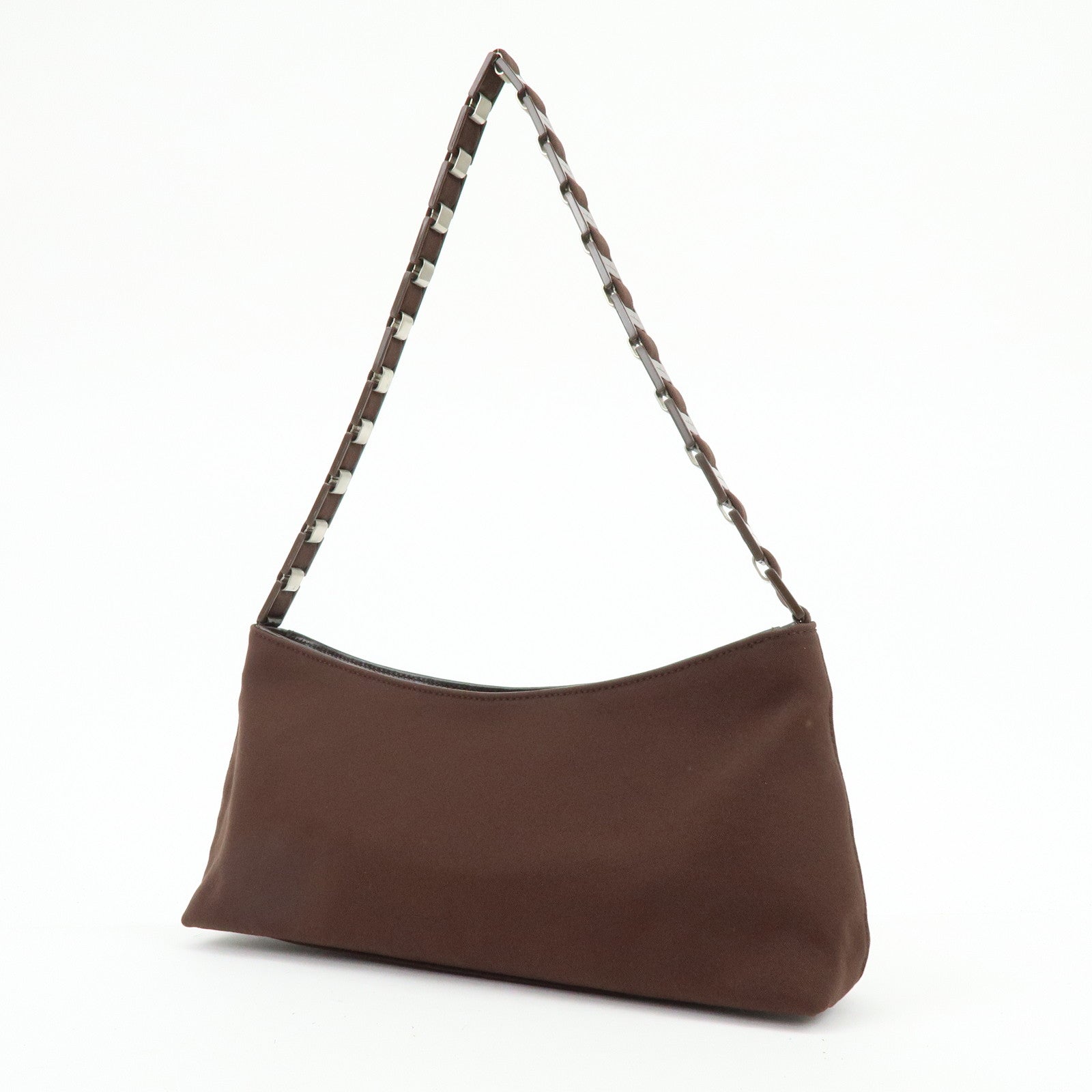 Ferragamo Varra Nylon Leather Chain Shoulder Bag Hand Bag Brown