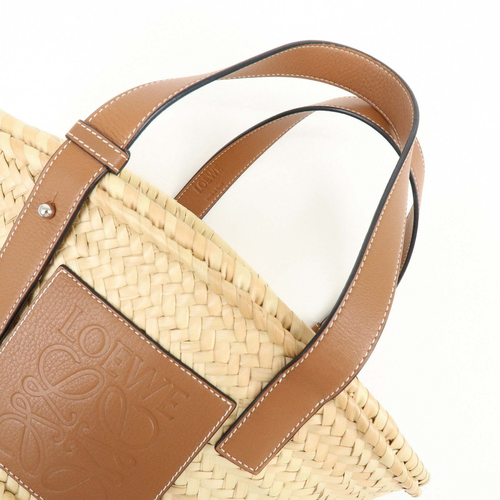 LOEWE  Raffia Leather Basket Bag Hand Bag Natural Tan