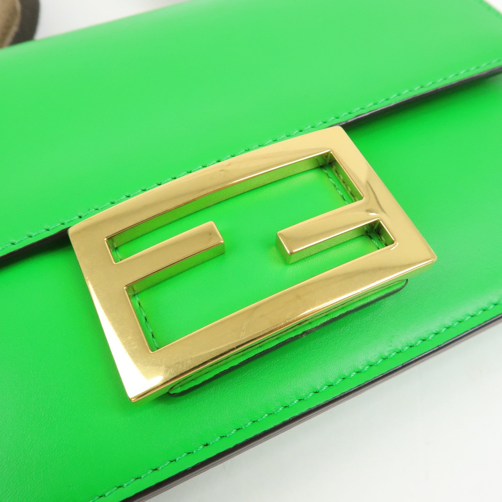 Fendi Flat Baguette Leather Shoulder Bag Green Brown 8BS039
