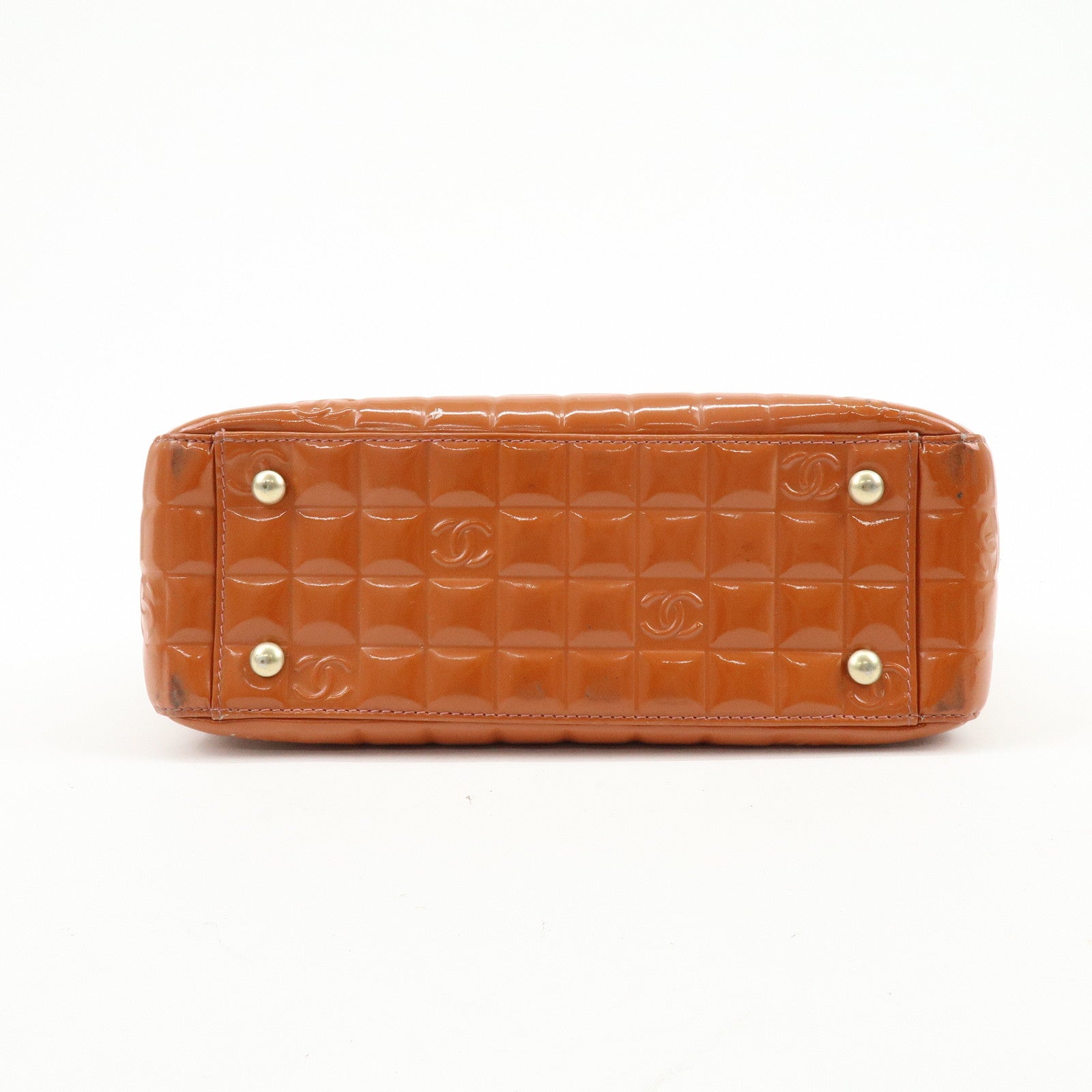 CHANEL Chocolate Bar COCO Mark Patent Leather Hand Bag Tote Bag Orange