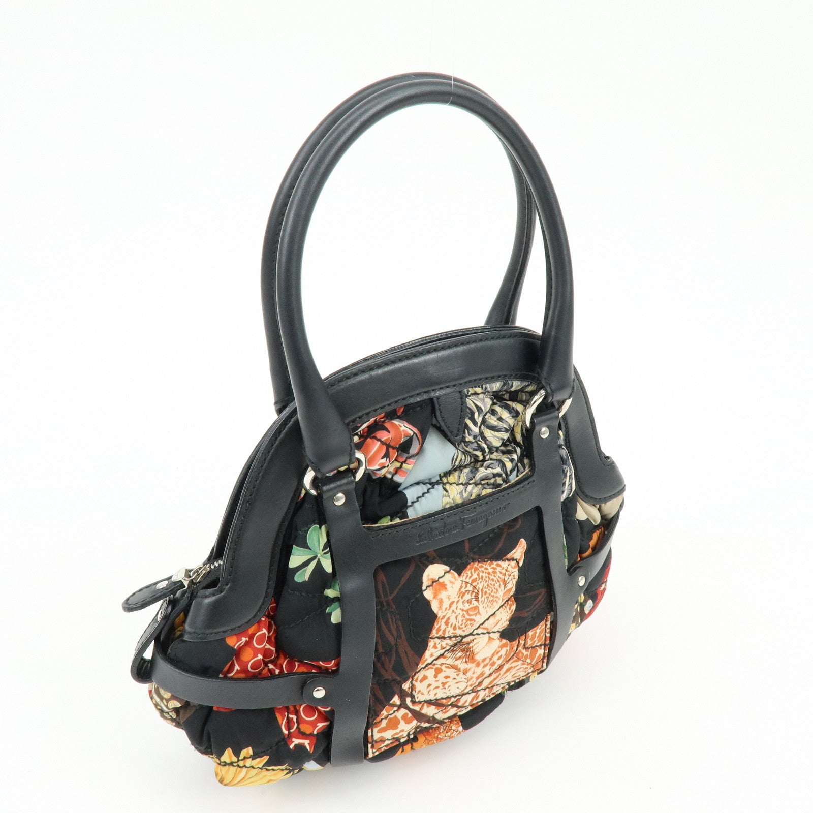 Ferragamo Nylon Quilting Leather Hand Bag Animalier Black Multicolor