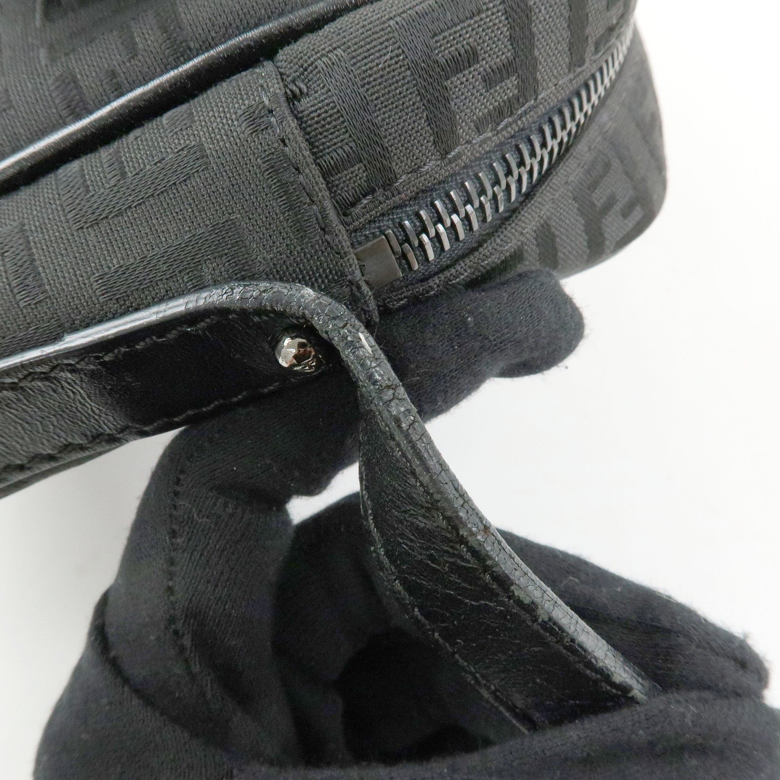 FENDI Zucchino Jacquard Canvas Leather Shoulder Bag Black 8BT117