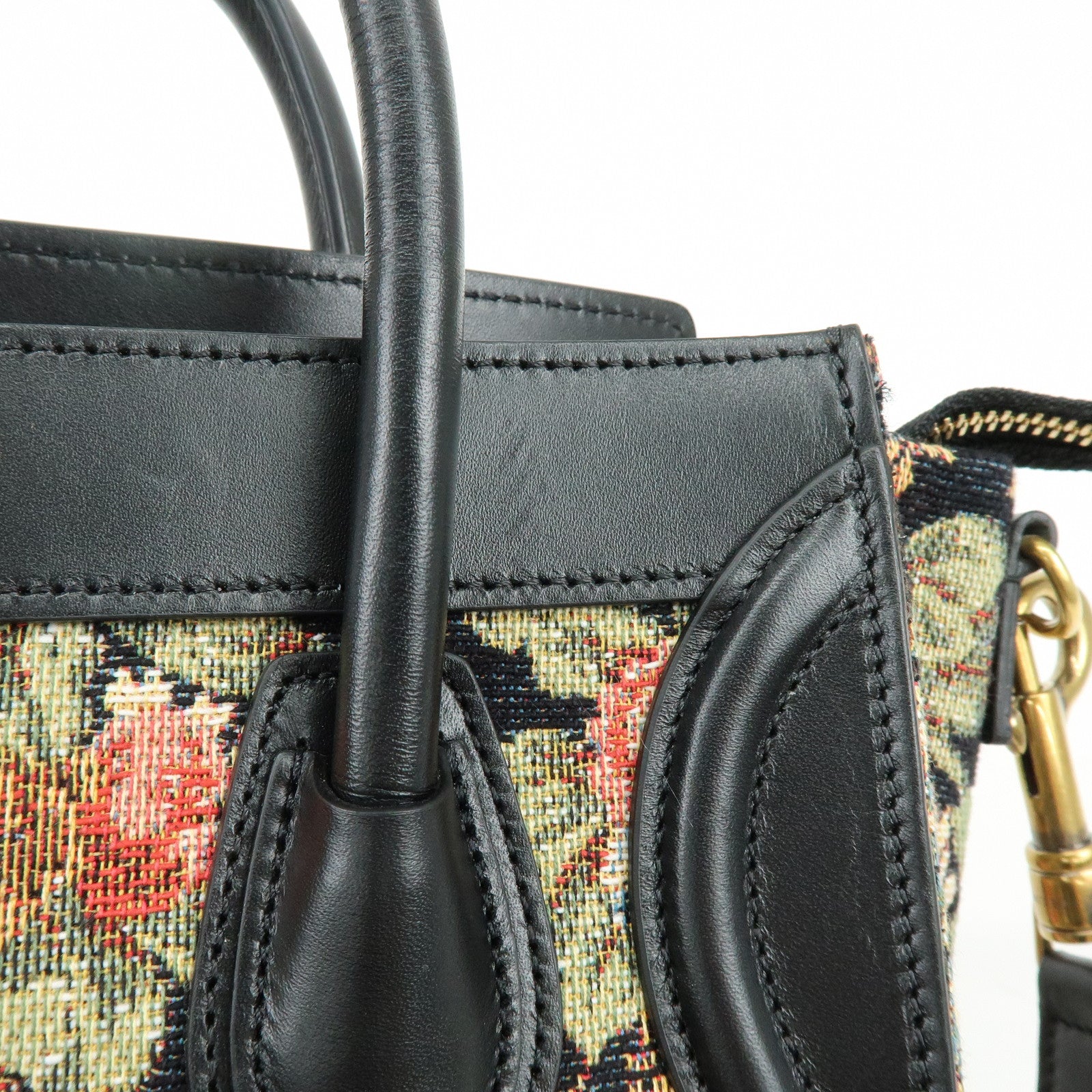 CELINE Luggage Jaquard Canvas Leathre Flower 2Way Shoulder Bag Black