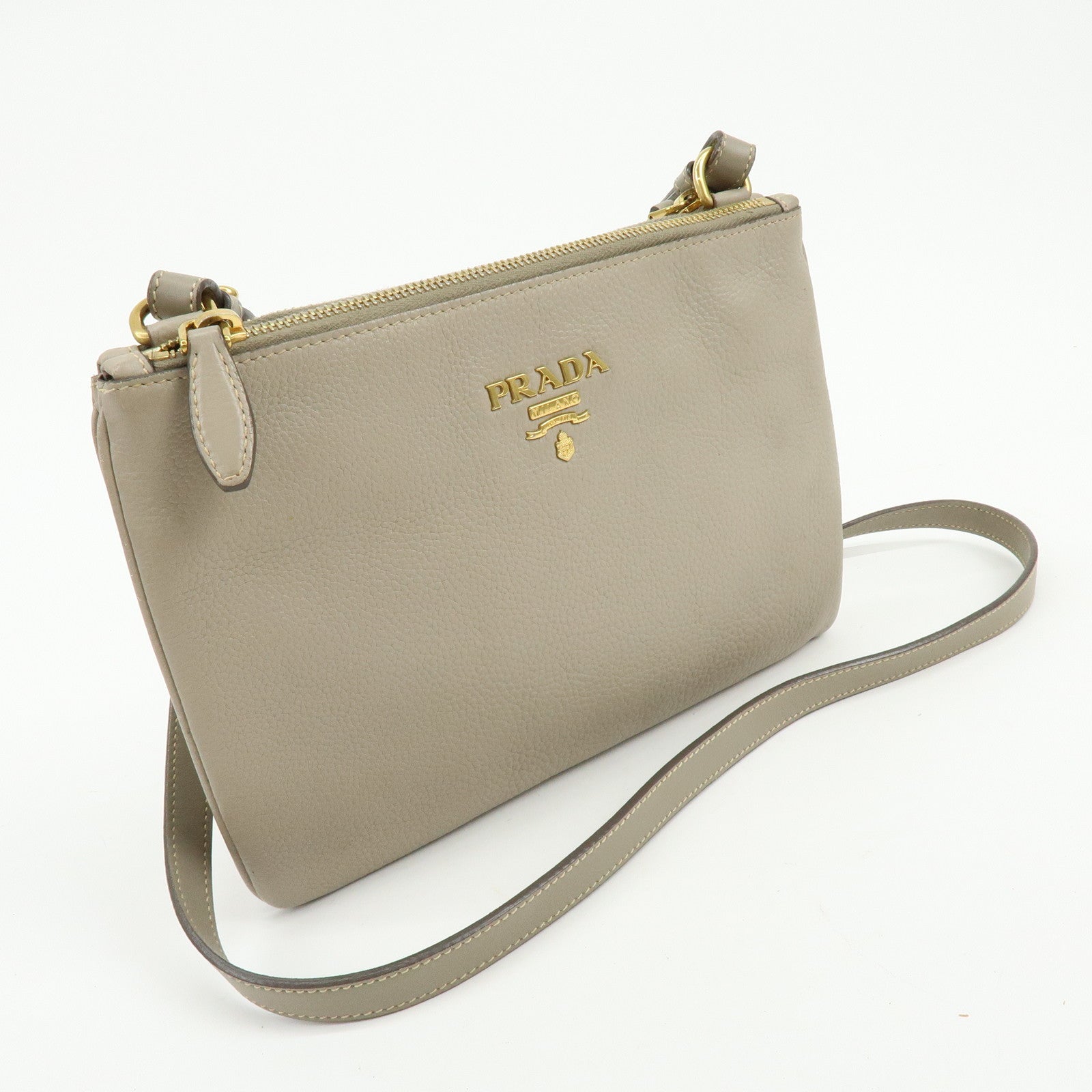 PRADA Logo Leather Shoulder Bag Crossbody Bag Beige 1BH046