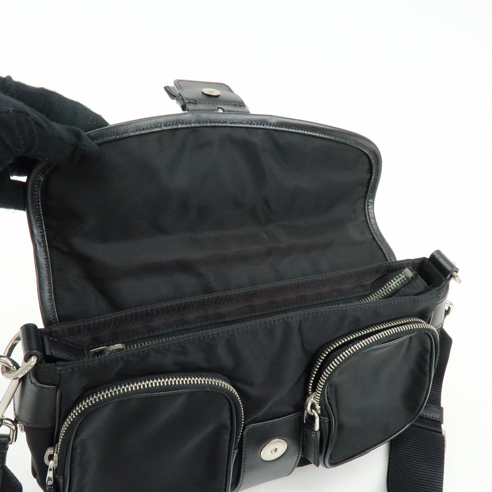 PRADA Triangle Logo Nylon Saffiano Leather Shoulder Bag Black BT0464