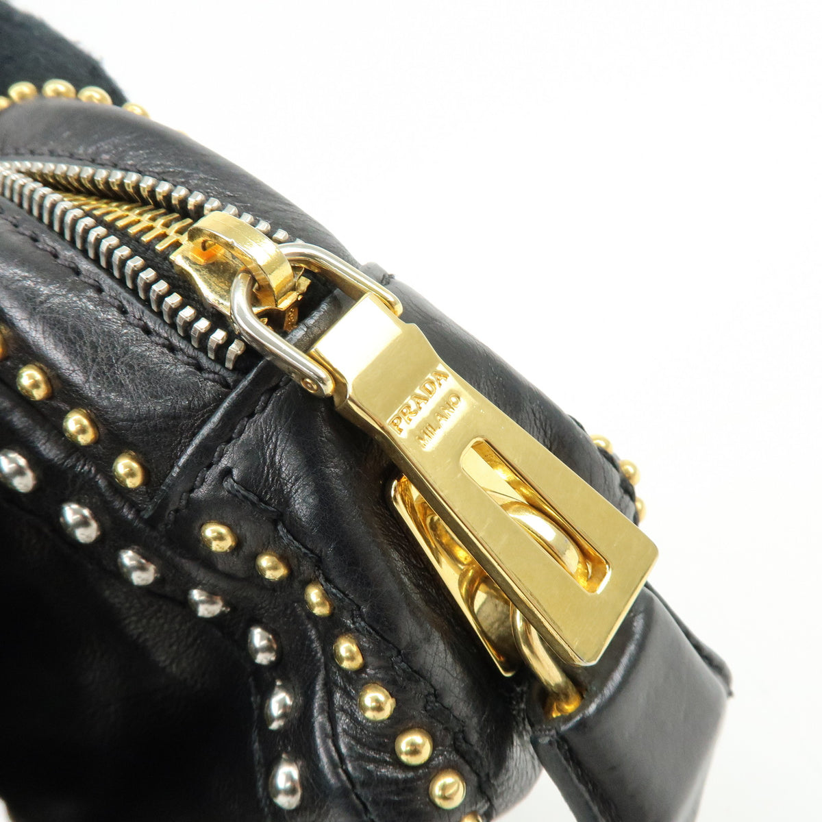 PRADA Leather Chain Shoulder Bag Studded Black Gold Silver BR4588