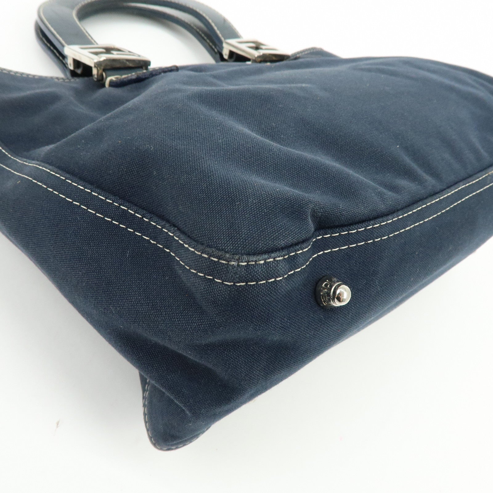 FENDI Canvas Leather Tote Bag Hand Bag White Stitch Navy 26693