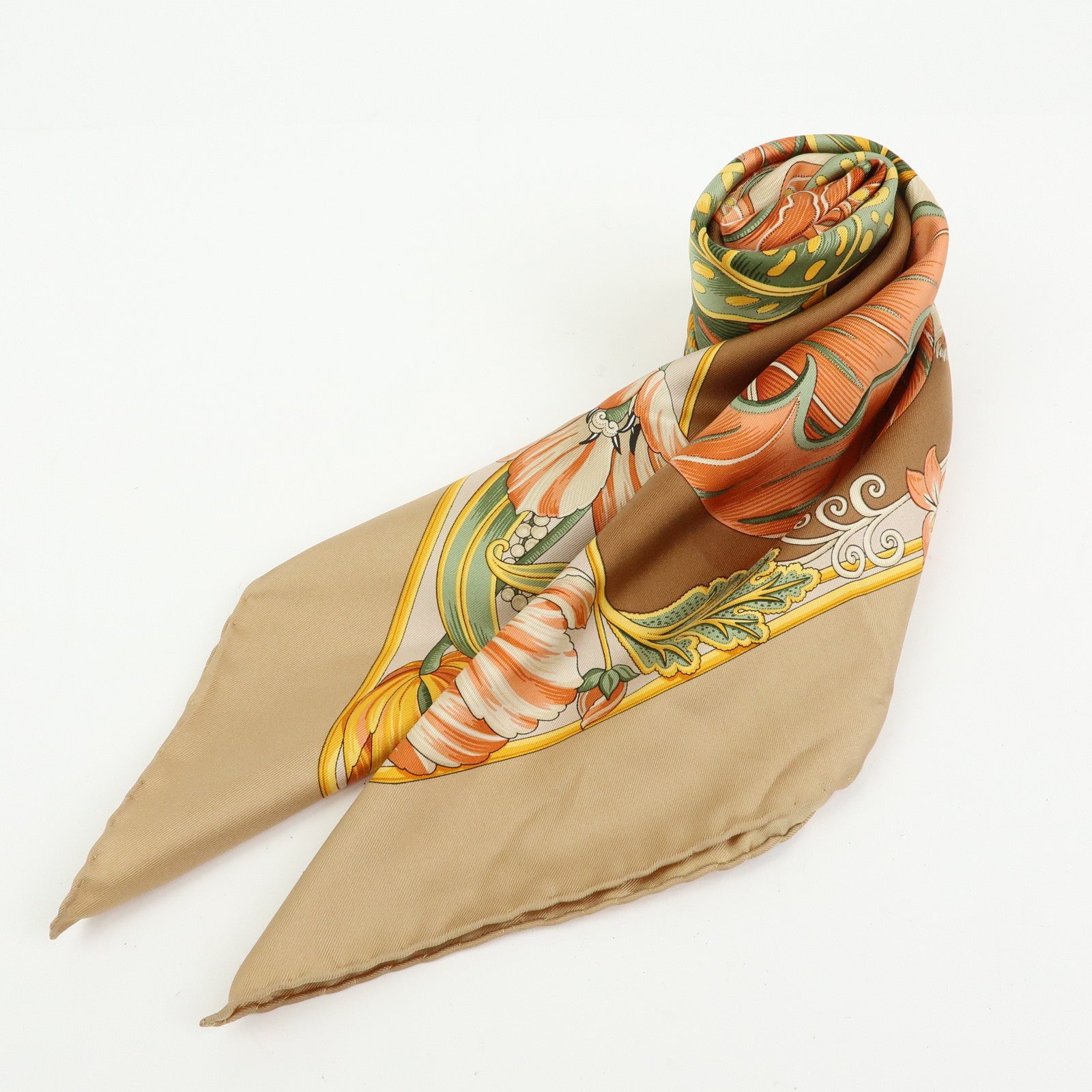 Ferragamo Silk 100% Scarf Animal Print Beige Orange Green Yellow