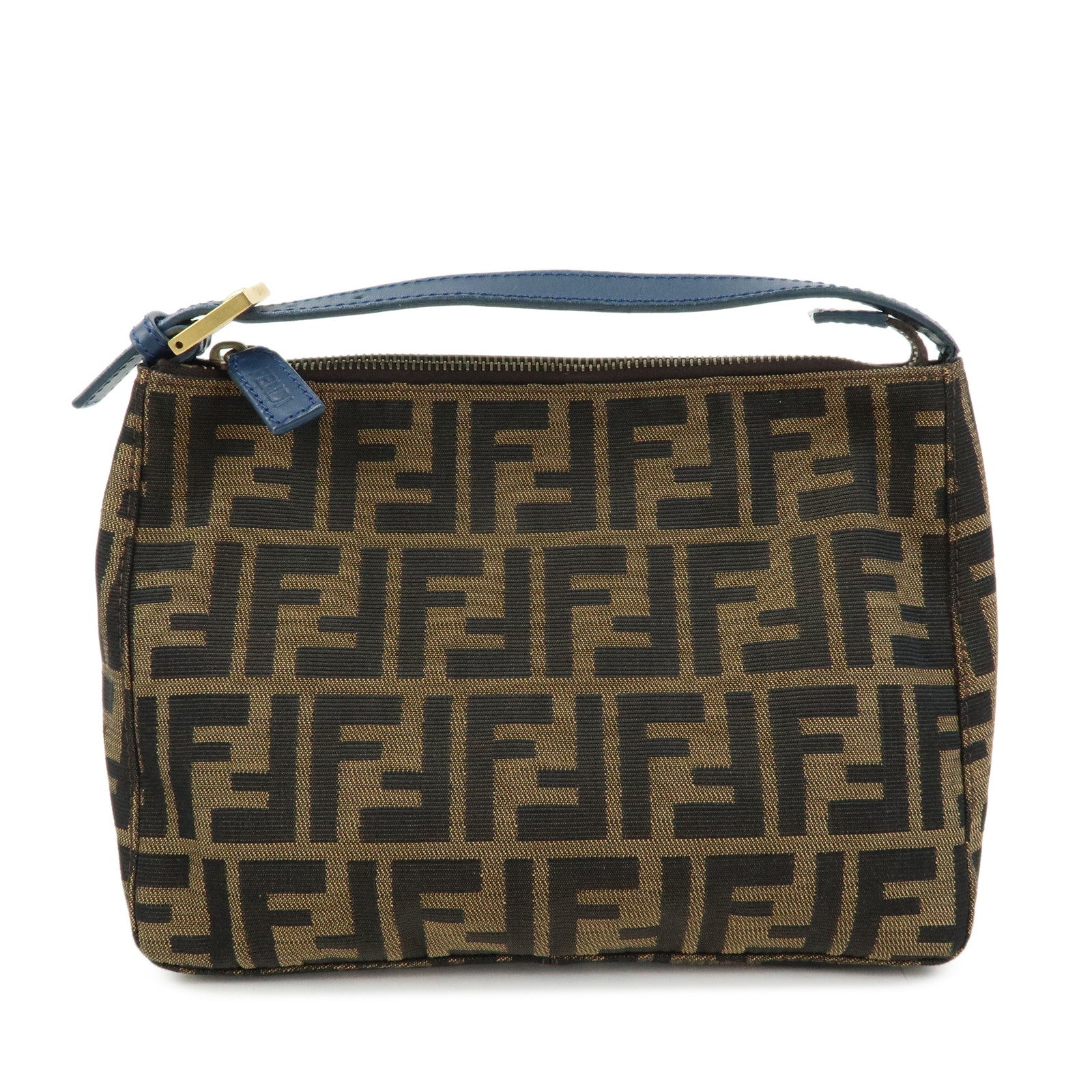 FENDI Zucca Canvas Leather Hand Bag Accessory Pouch Brown Blue 8N0005
