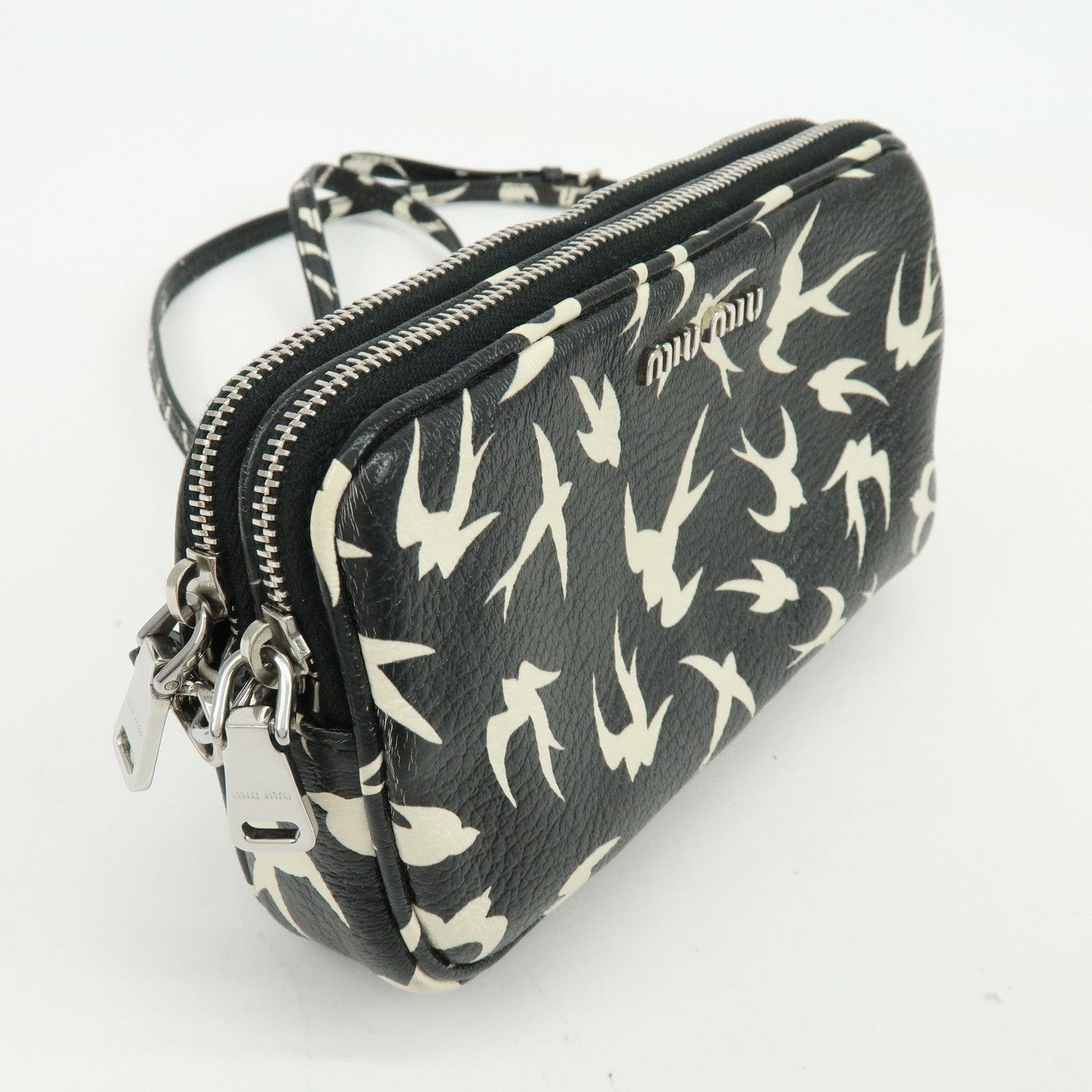 MIU MIU Swallow Madras Leather Shoulder Bag Black White 5ZH011