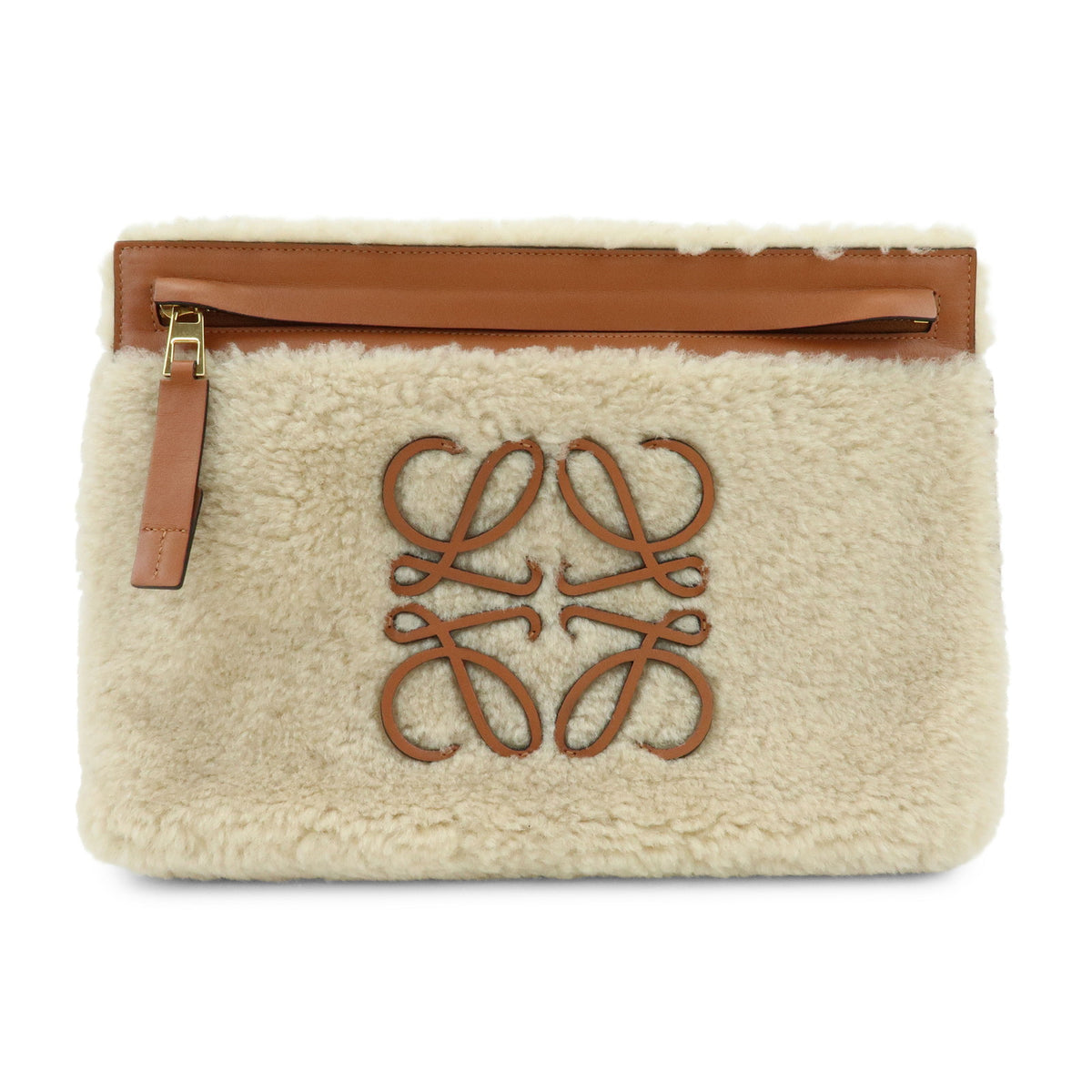 LOEWE Anagram Shearling Leather Clutch Bag Pouch Beige Brown