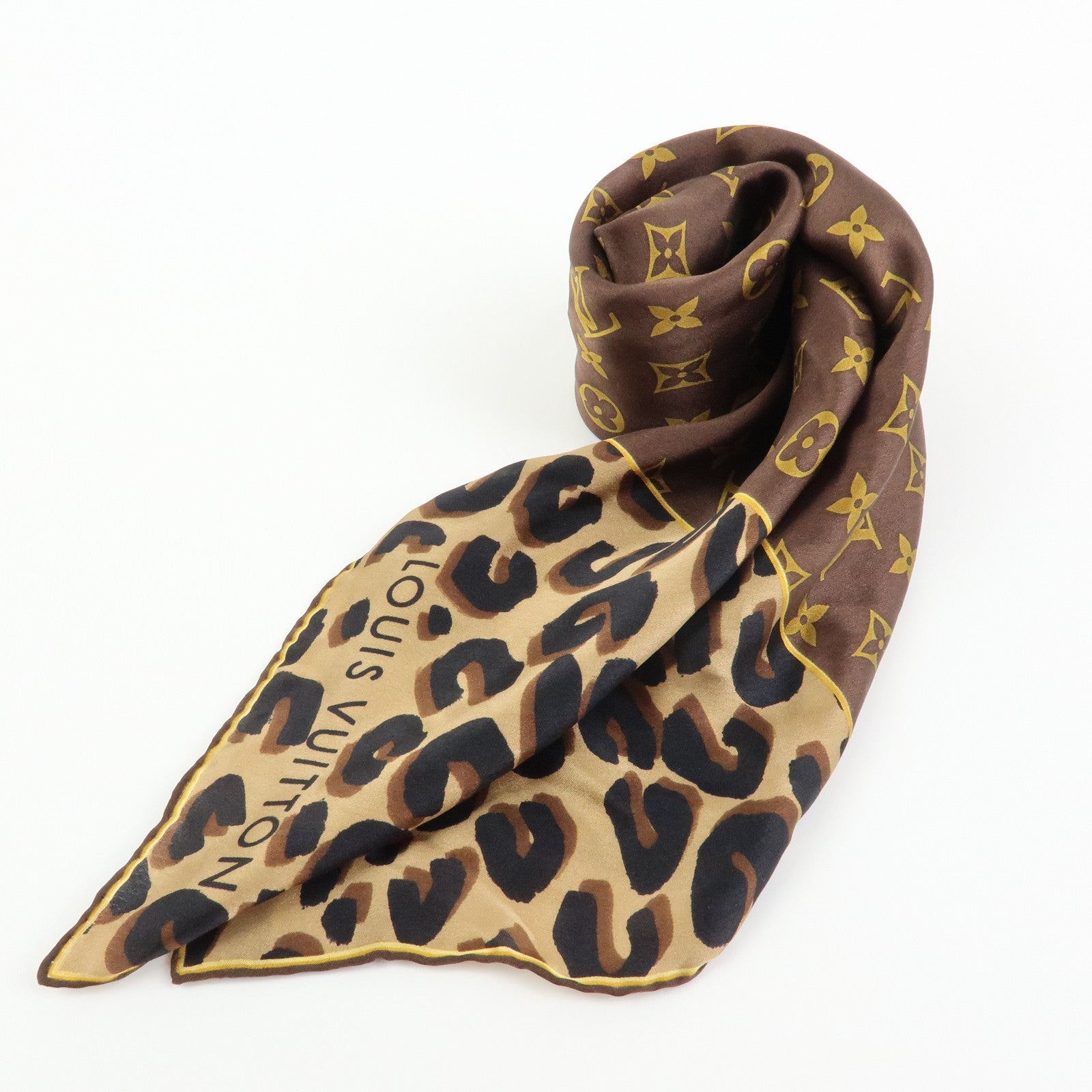 LOUIS VUITTON スカーフ Louis Vuitton Monogram Silk 100% Scarf Shawl Leopard Pattern Brown