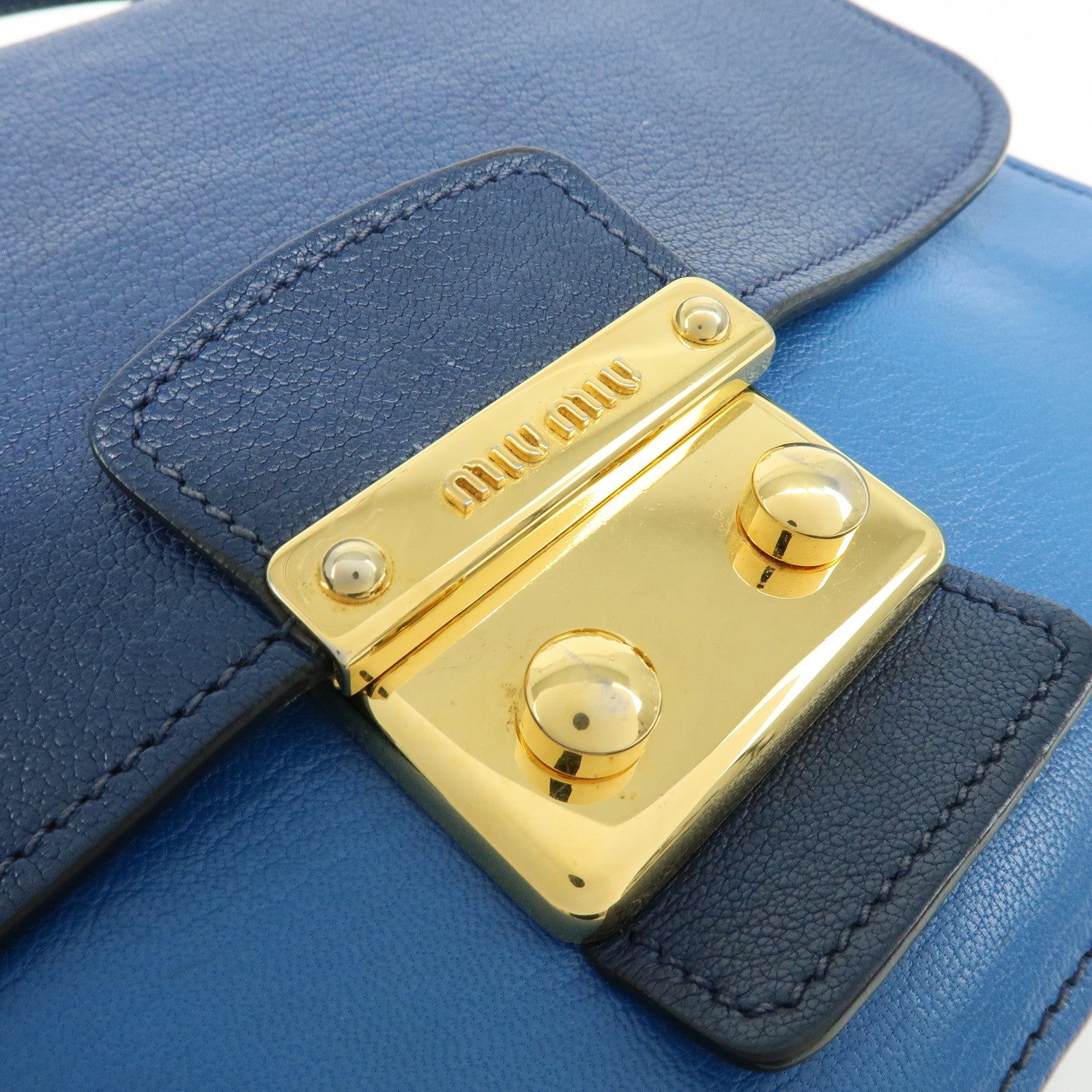 MIU MIU Logo Madras Leather Flap 2Way Bag Hand Bag Blue Navy