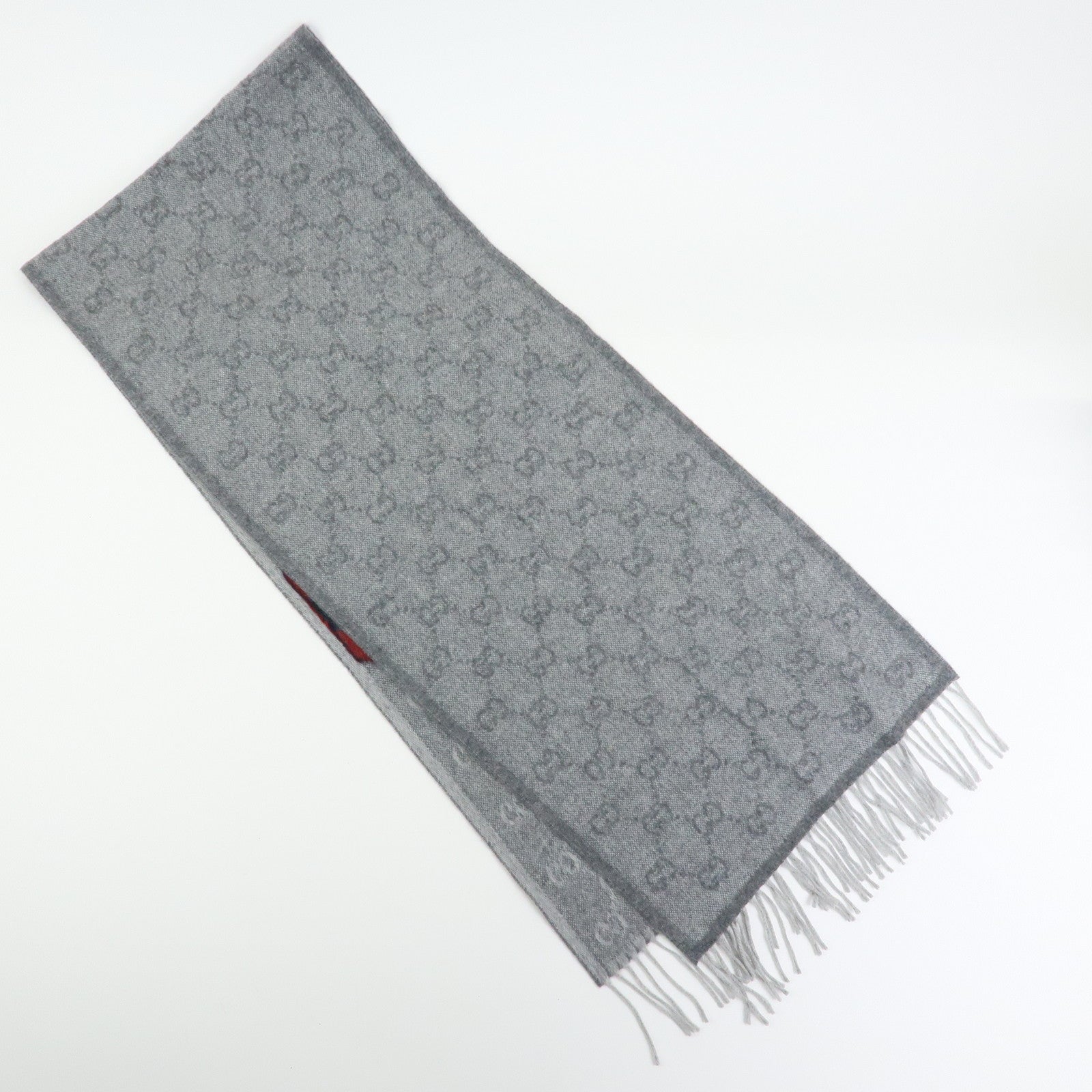 GUCCI Sherry Wool Alpaca Scarf Stole Gray Navy Red