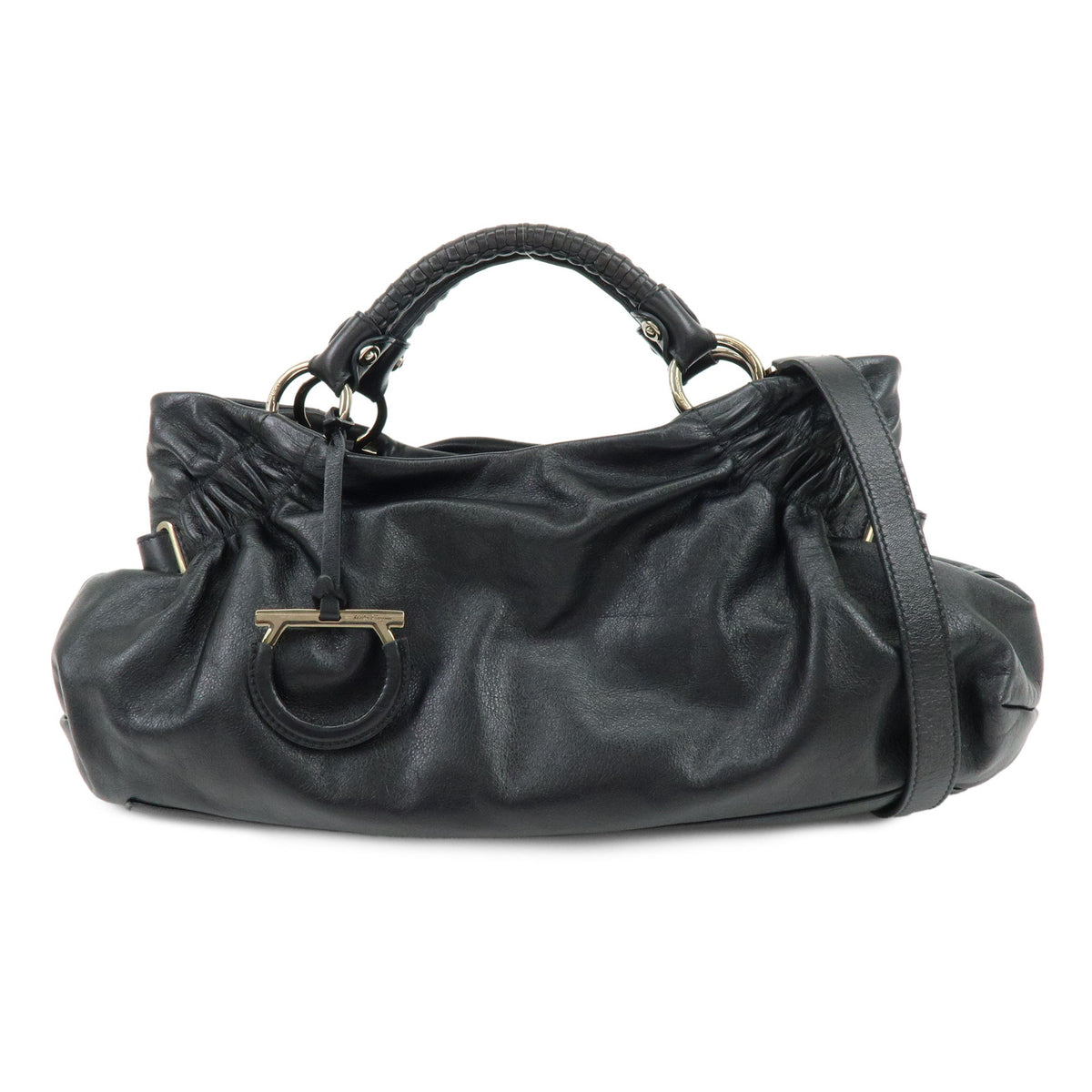 Ferragamo Gancini Leather 2Way Bag Hand Bag Shoulder Bag Black