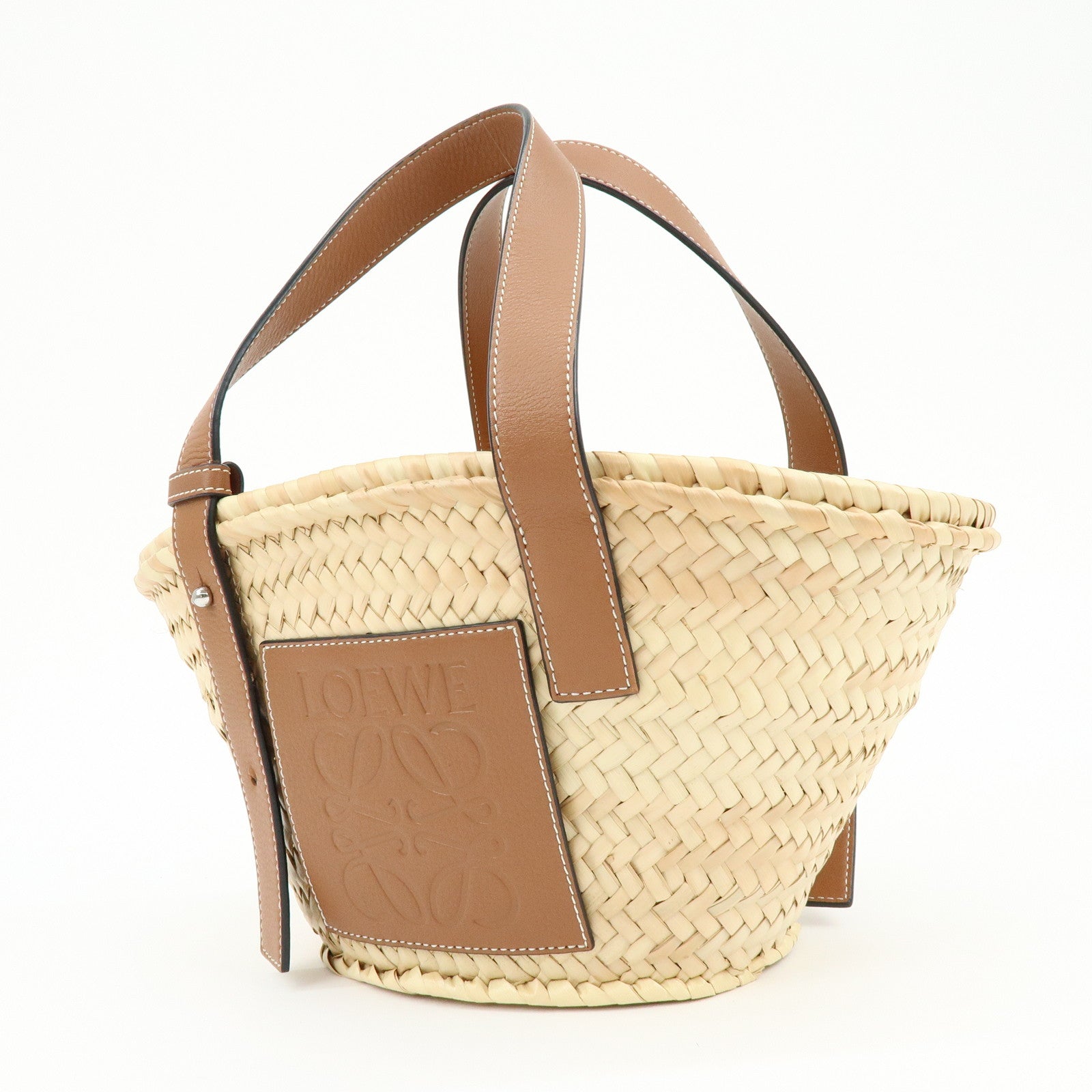 LOEWE  Raffia Leather Basket Bag Hand Bag Natural Tan