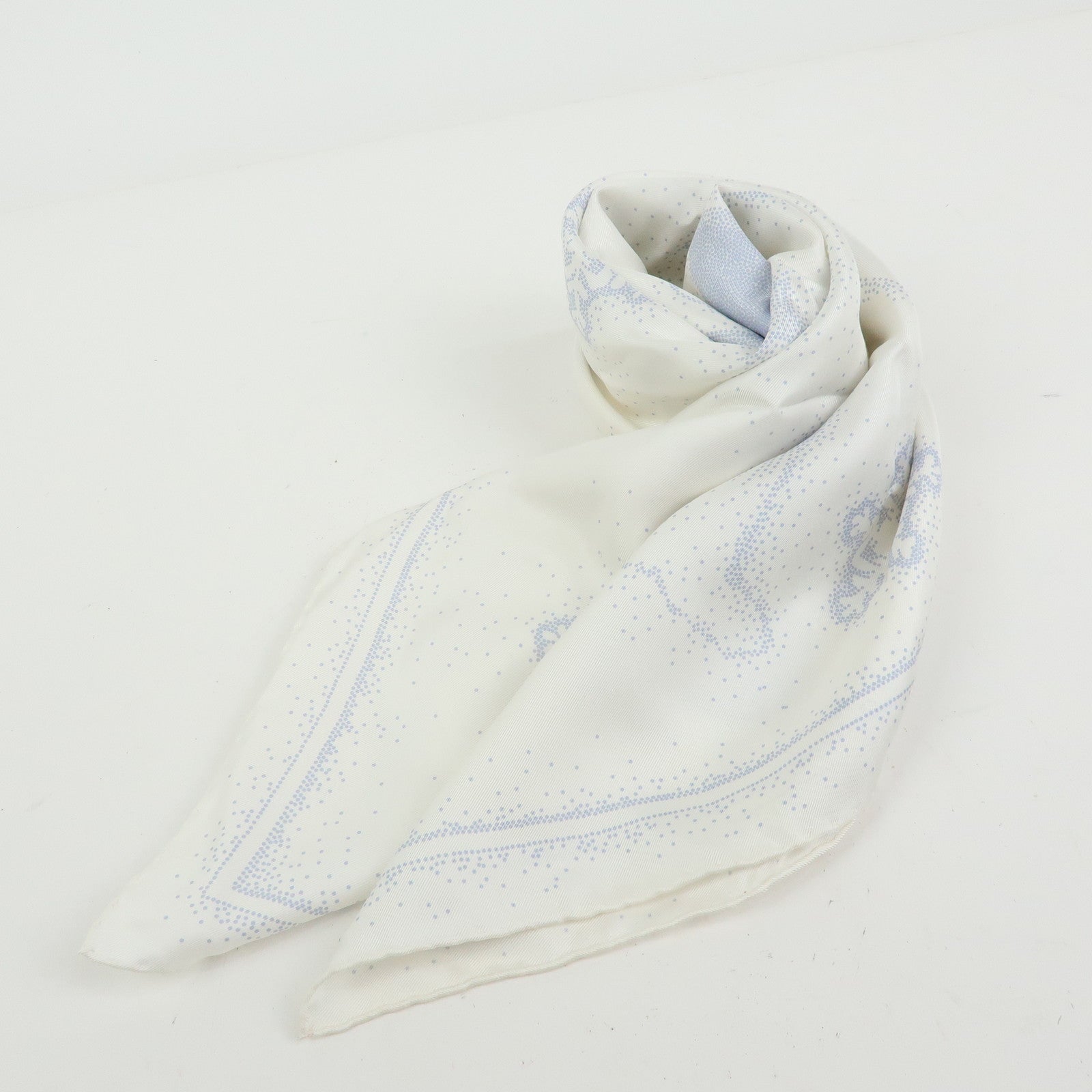 CHANEL Camelia COCO Mark Silk 100% Scarf Bear Penguin White Light Blue