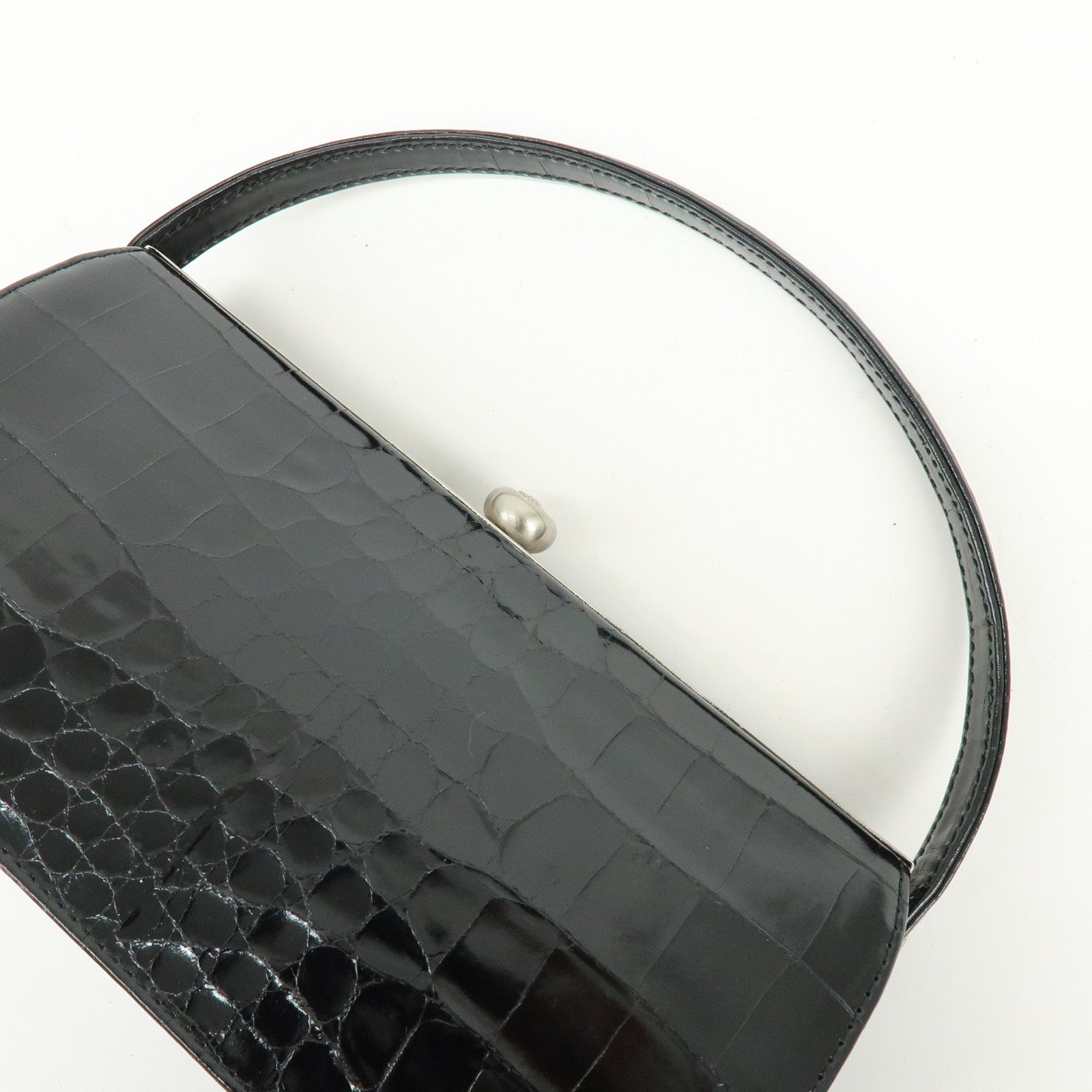 GIANNI VERSACE Embossed Leather Kiss Lock Top Handle Hand Bag Black