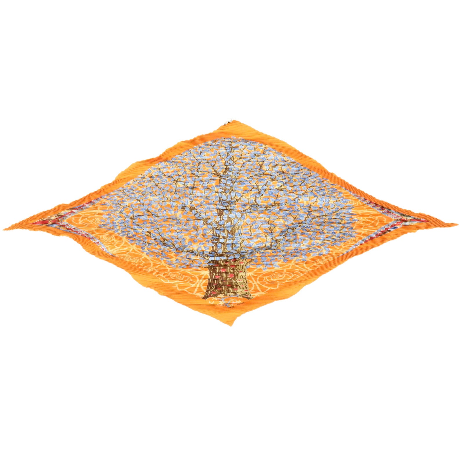 HERMES Pleated Carre Silk 100% Scarf AXIS MUNDI Orange Light Blue