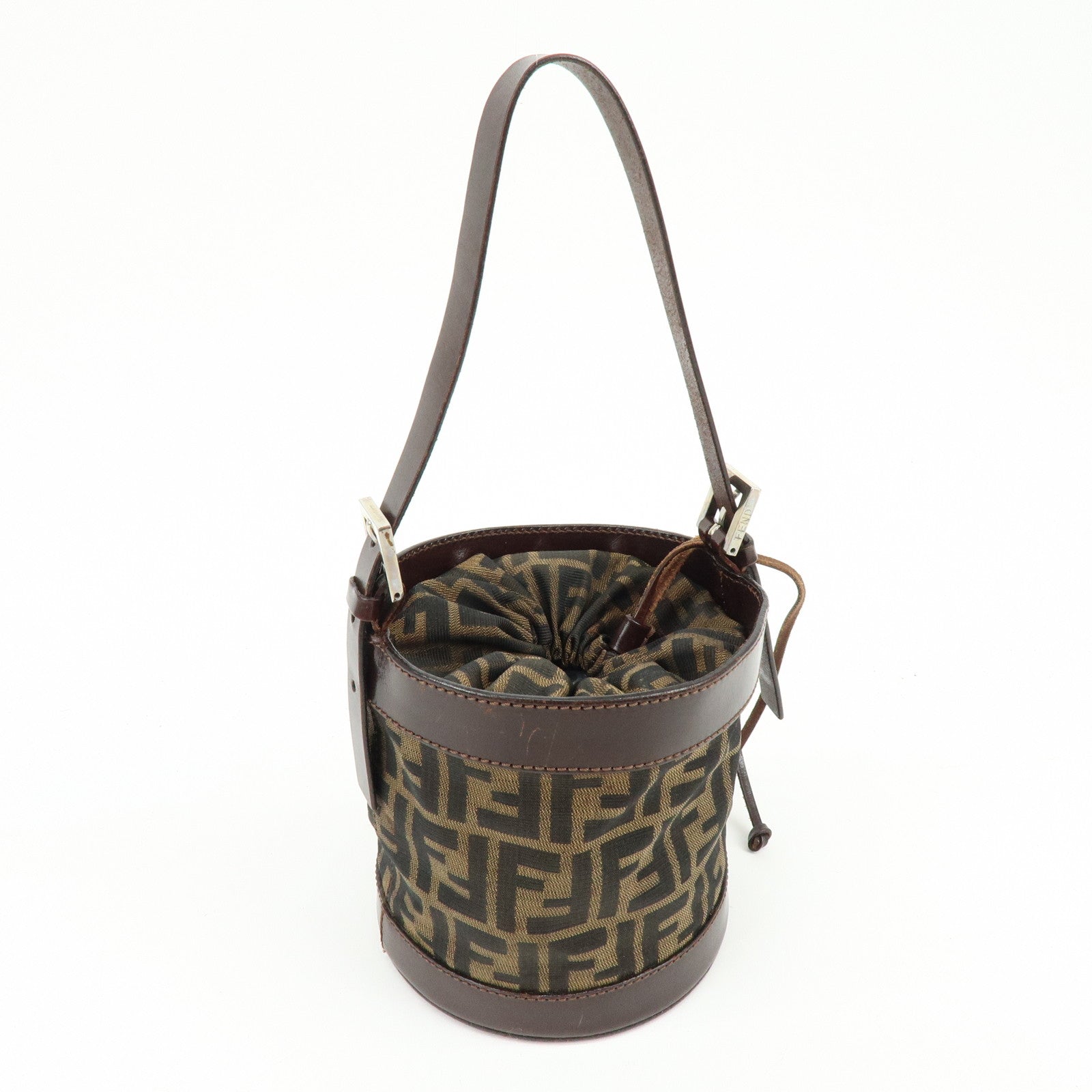 FENDI Zucca Canvas Leather Hand Bag Bucket Bag Brown 16325