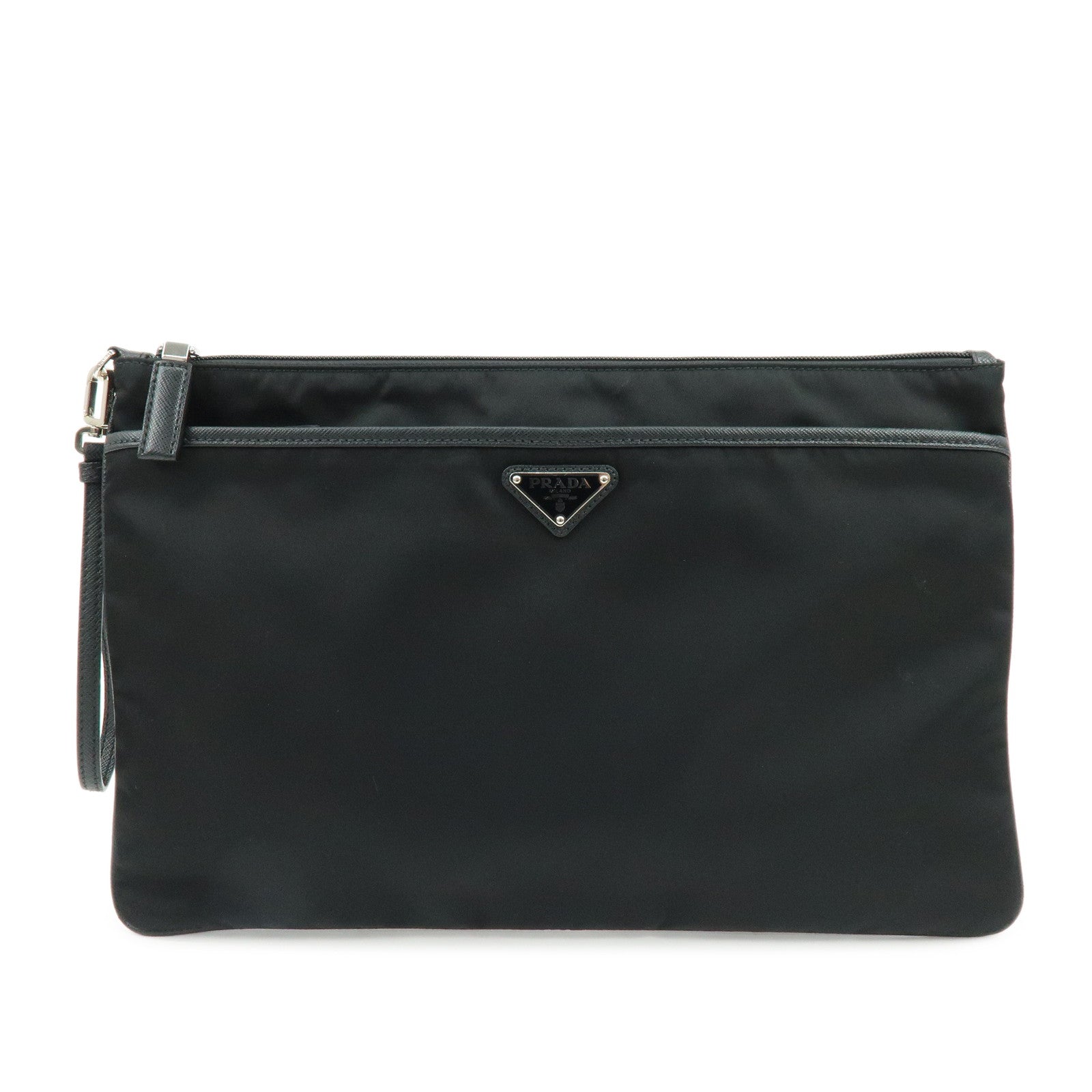 PRADA Triangle Logo Nylon Saffiano Leather Clutch Bag Black 2VN012