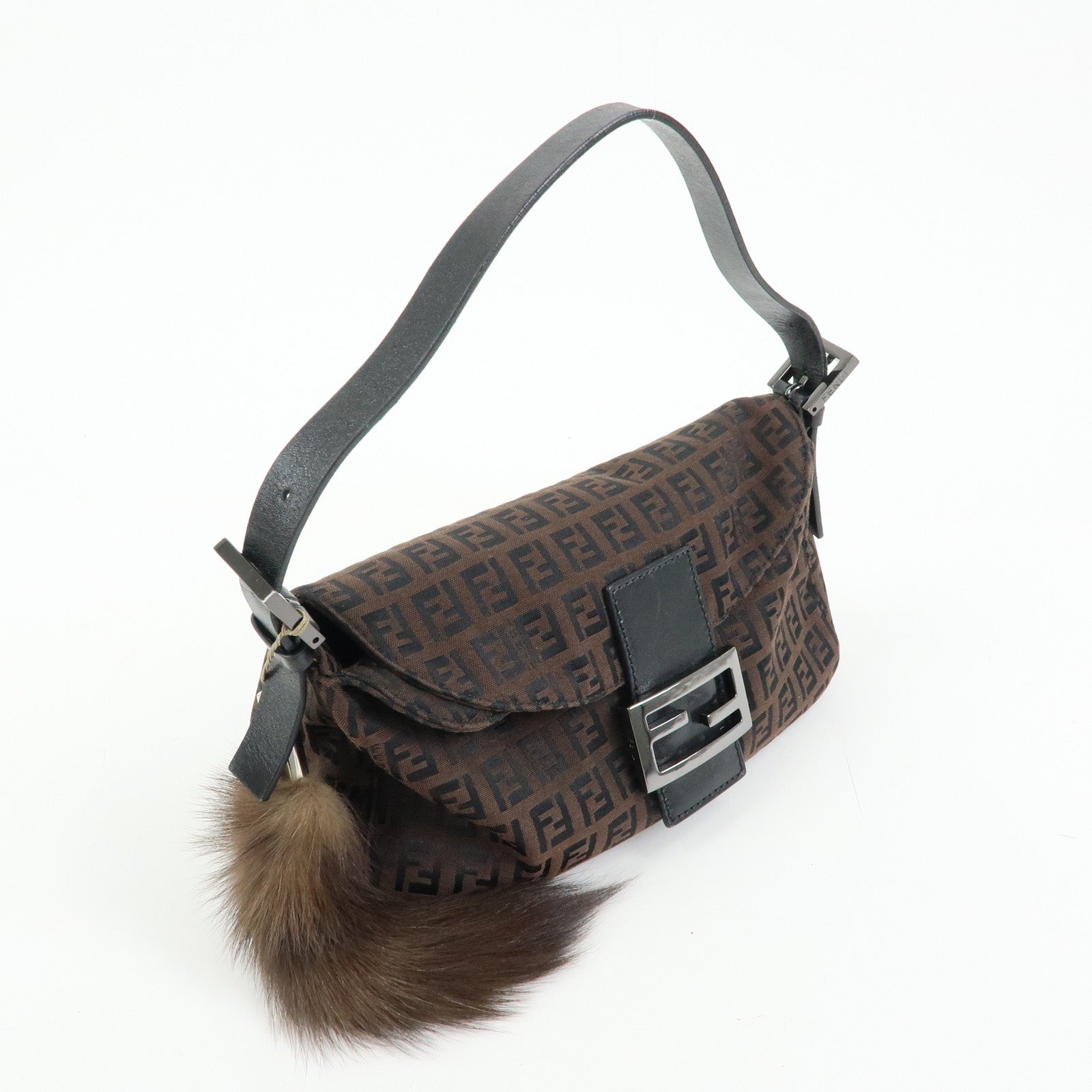 FENDI Zucchino Canvas Leather Shoulder Bag Hand Bag Brown Black 8BN003