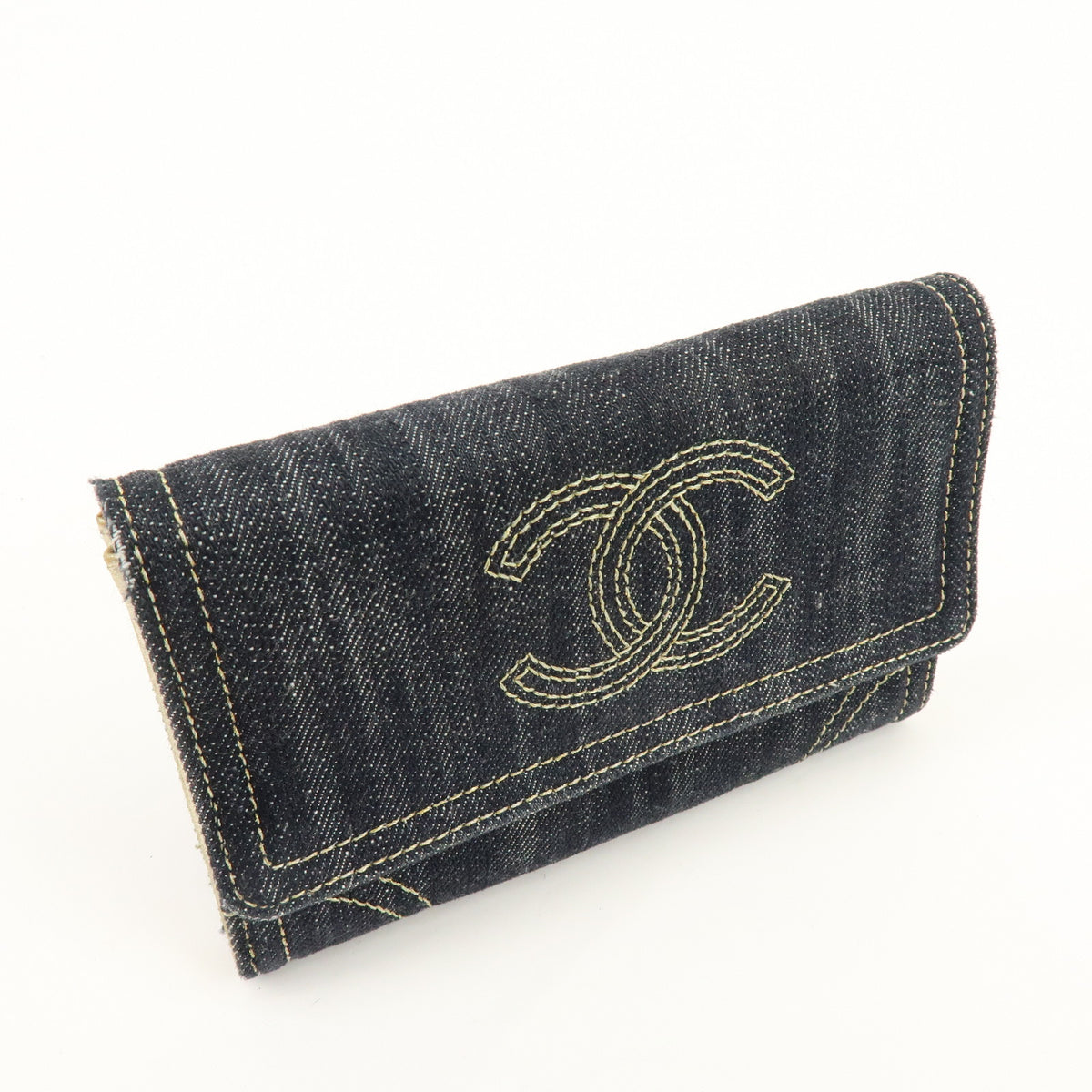 CHANEL COCO Mark Denim Long Wallet Indigo Blue Gold A31991