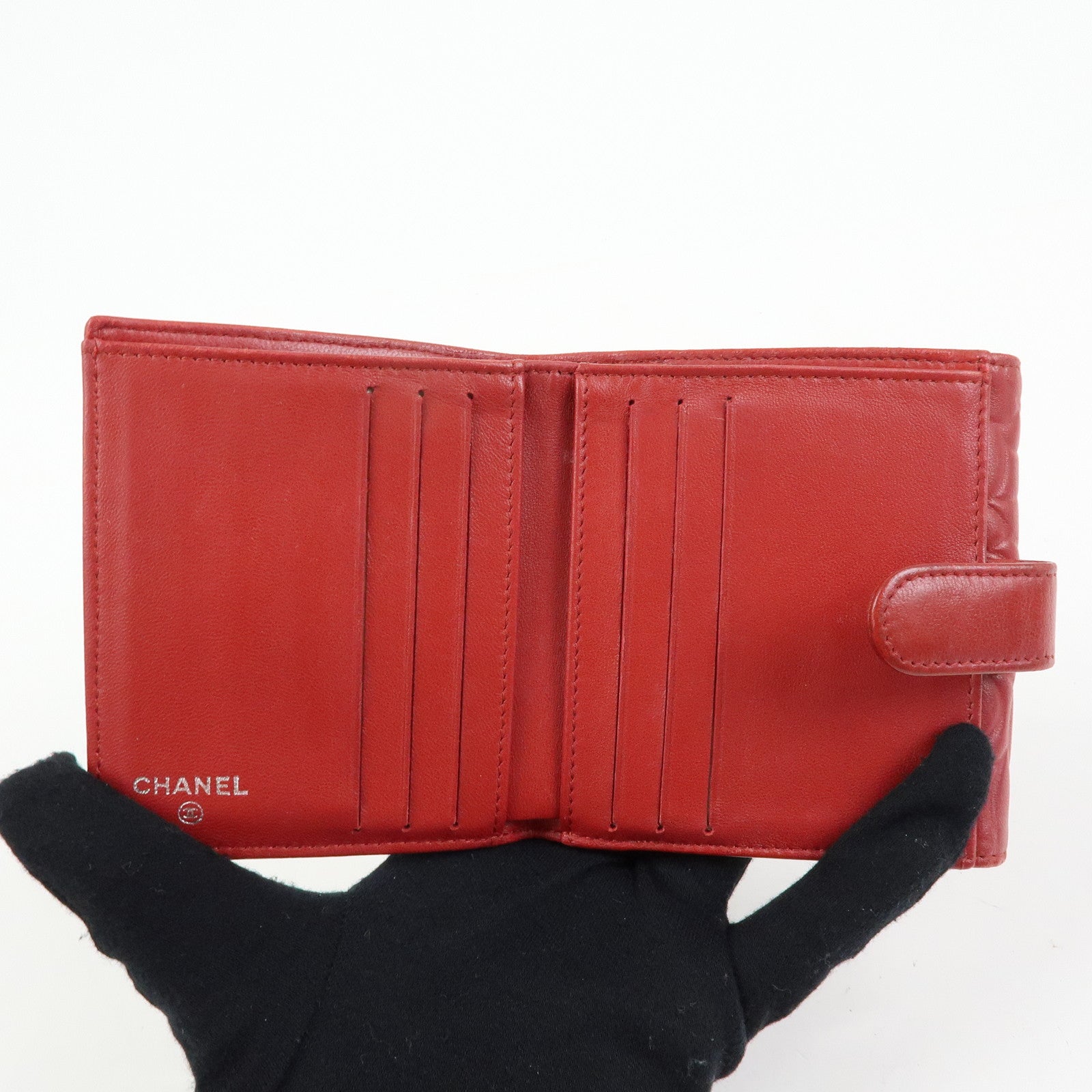 CHANEL Camellia COCO Mark Lamb Skin Bi-fold Compact Wallet Red A47422