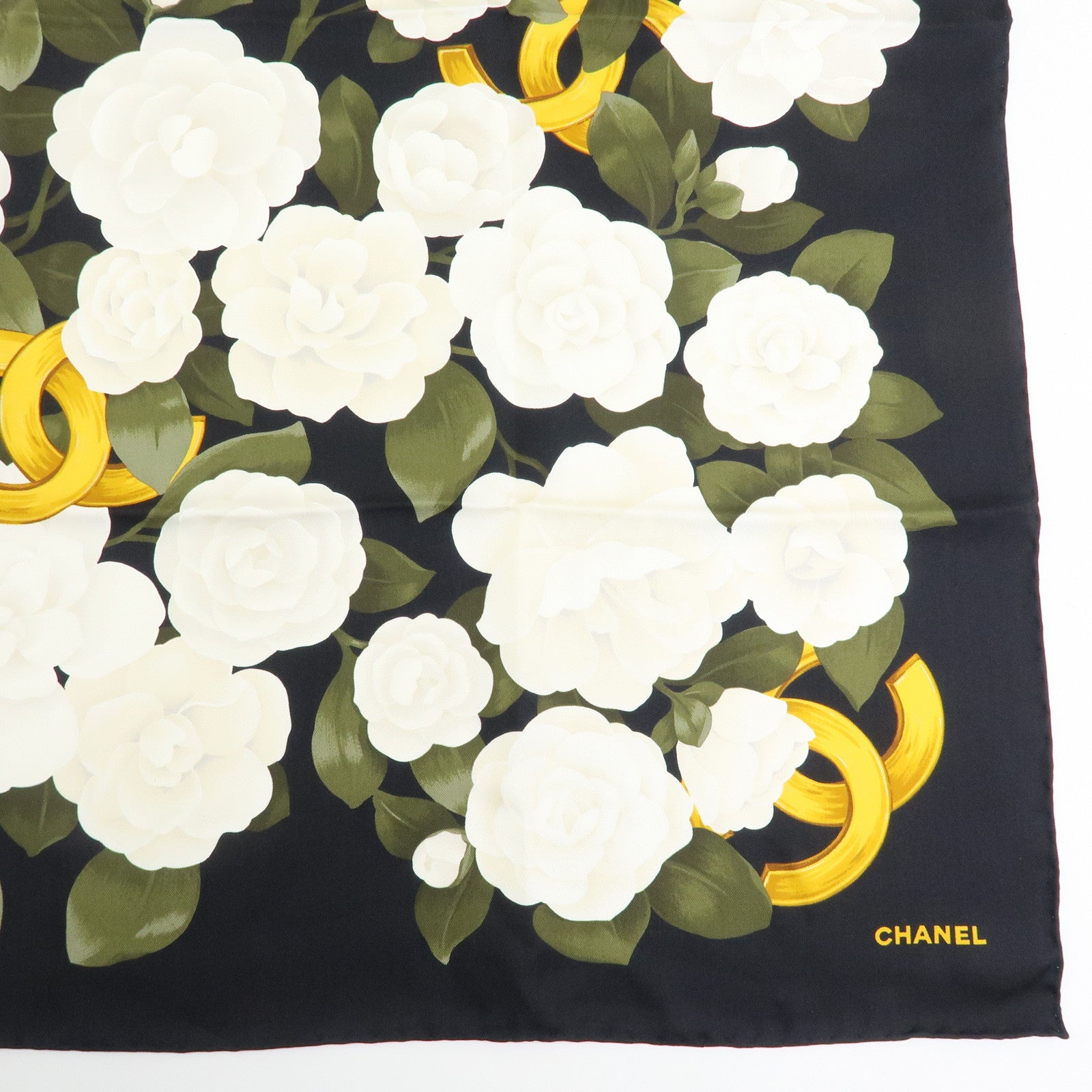 CHANEL COCO Mark Silk 100% Scarf Camellia Flower Black White Gold