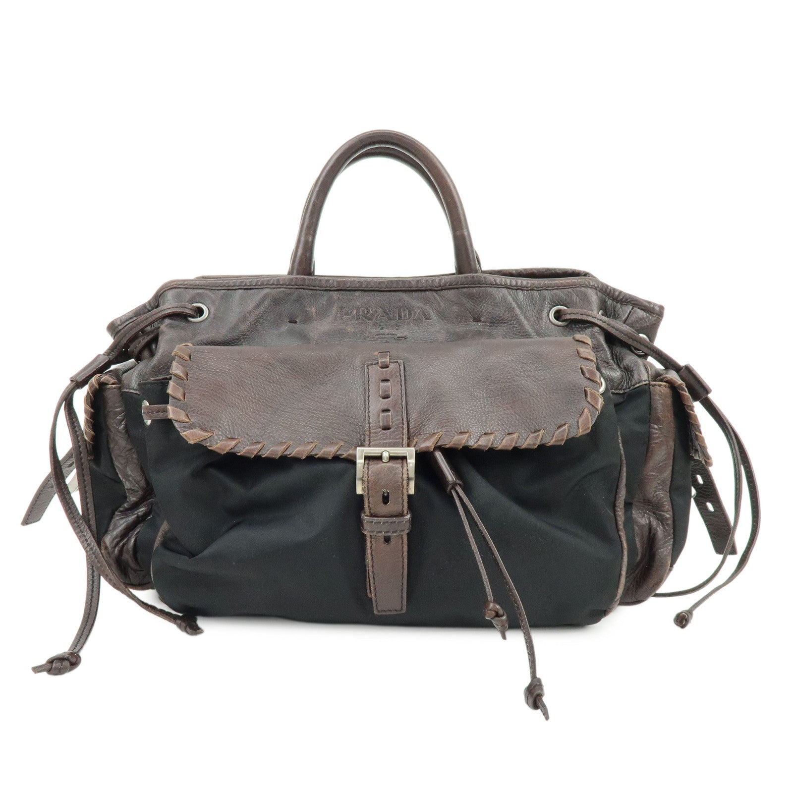 PRADA Nylon Leather Belt Drawstring Hand Bag Tote Bag Brown Black